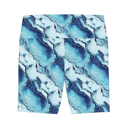 Marble Swirl Women's Workout Shorts — Navy Gold Athletic Biker Shorts - Creations by Chris and Carlos
