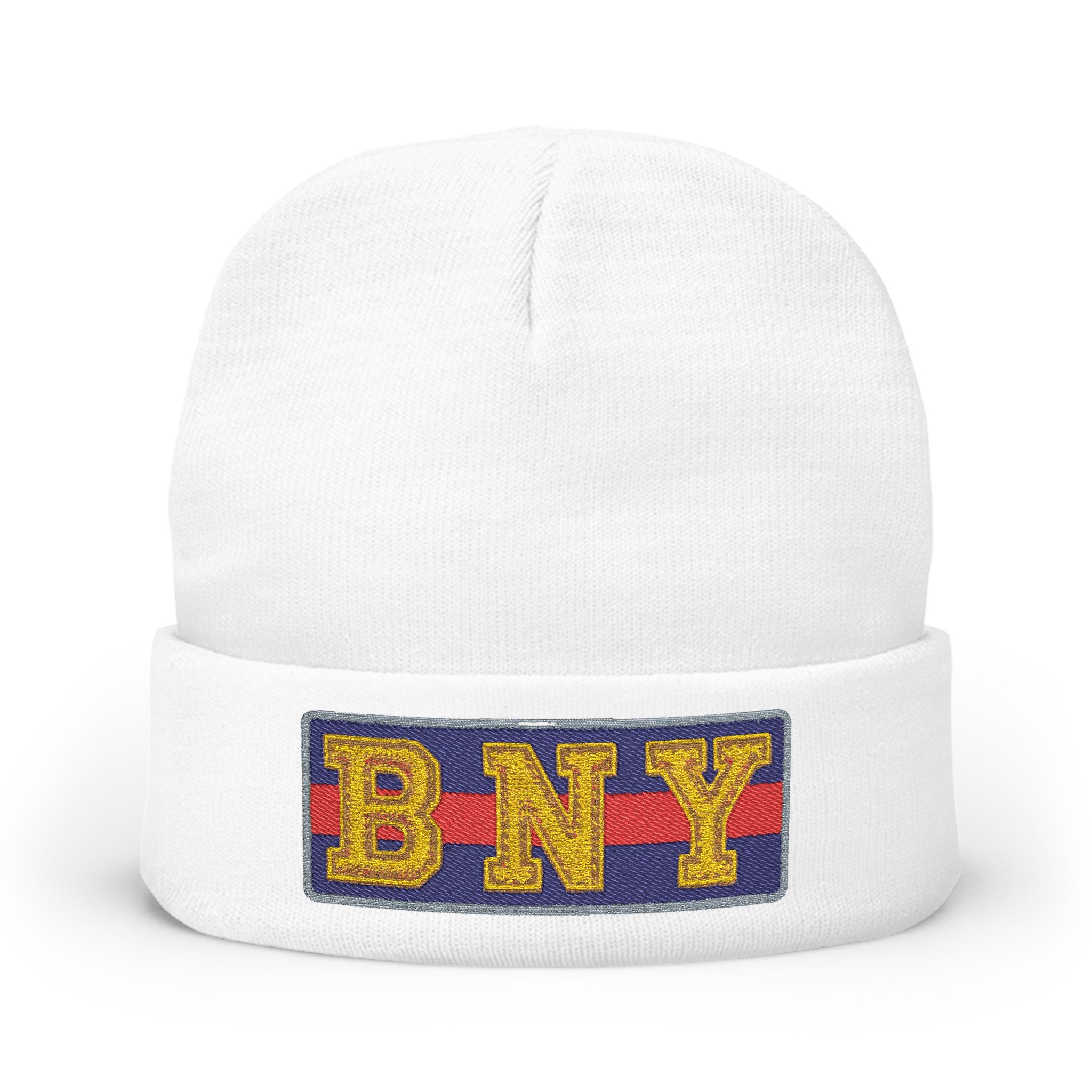 BNY Embroidered Knit Beanie – Vintage Letter Patch Winter Hat - Creations by Chris and Carlos