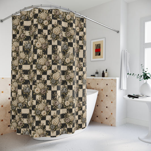 Vintage Floral Checkerboard Shower Curtain — Rustic Cottage Bathroom Décor - Creations by Chris and Carlos