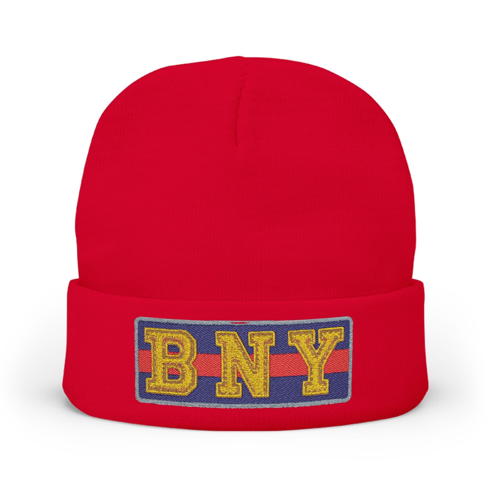 BNY Embroidered Knit Beanie – Vintage Letter Patch Winter Hat - Creations by Chris and Carlos