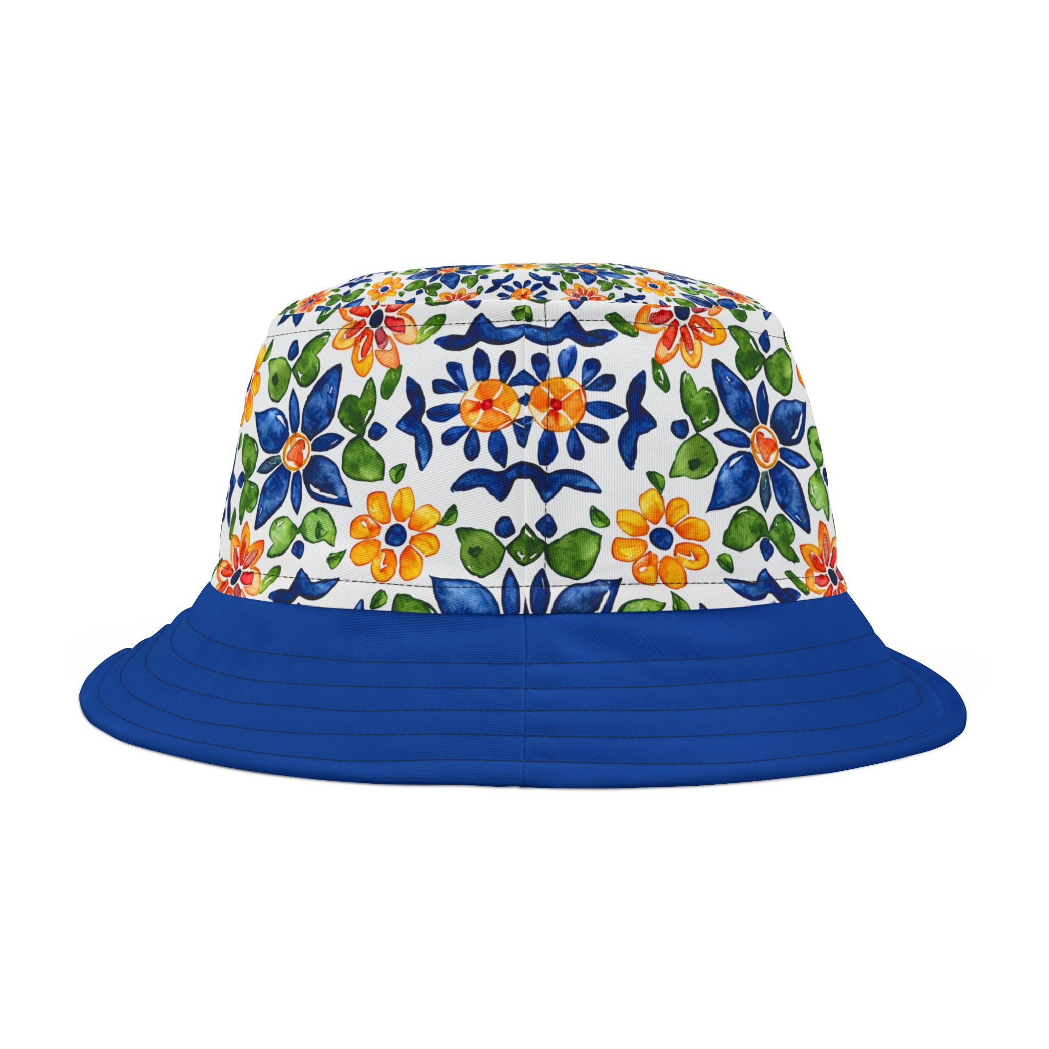 Sol y Alegría (Sun and Joy) Collection- Floral Tile Blue Bucket Hat — Mediterranean Mosaic Garden Print - Creations by Chris and Carlos