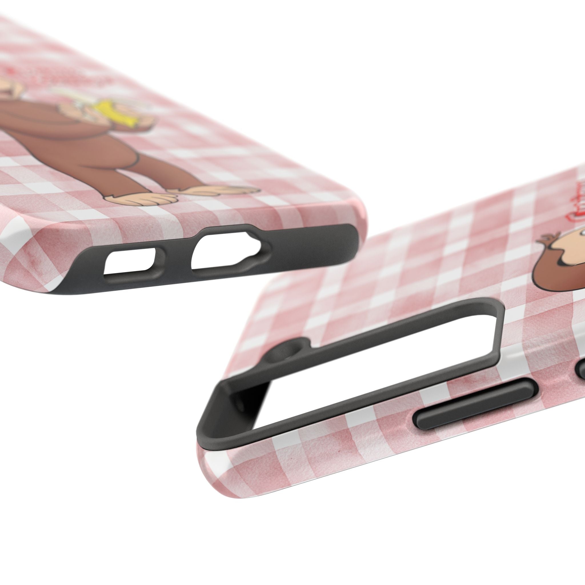 Curious George Banana Tough Phone Case — Cute Kids iPhone Cover, Pink Gingham Protective Case - Creations by Chris and Carlos
