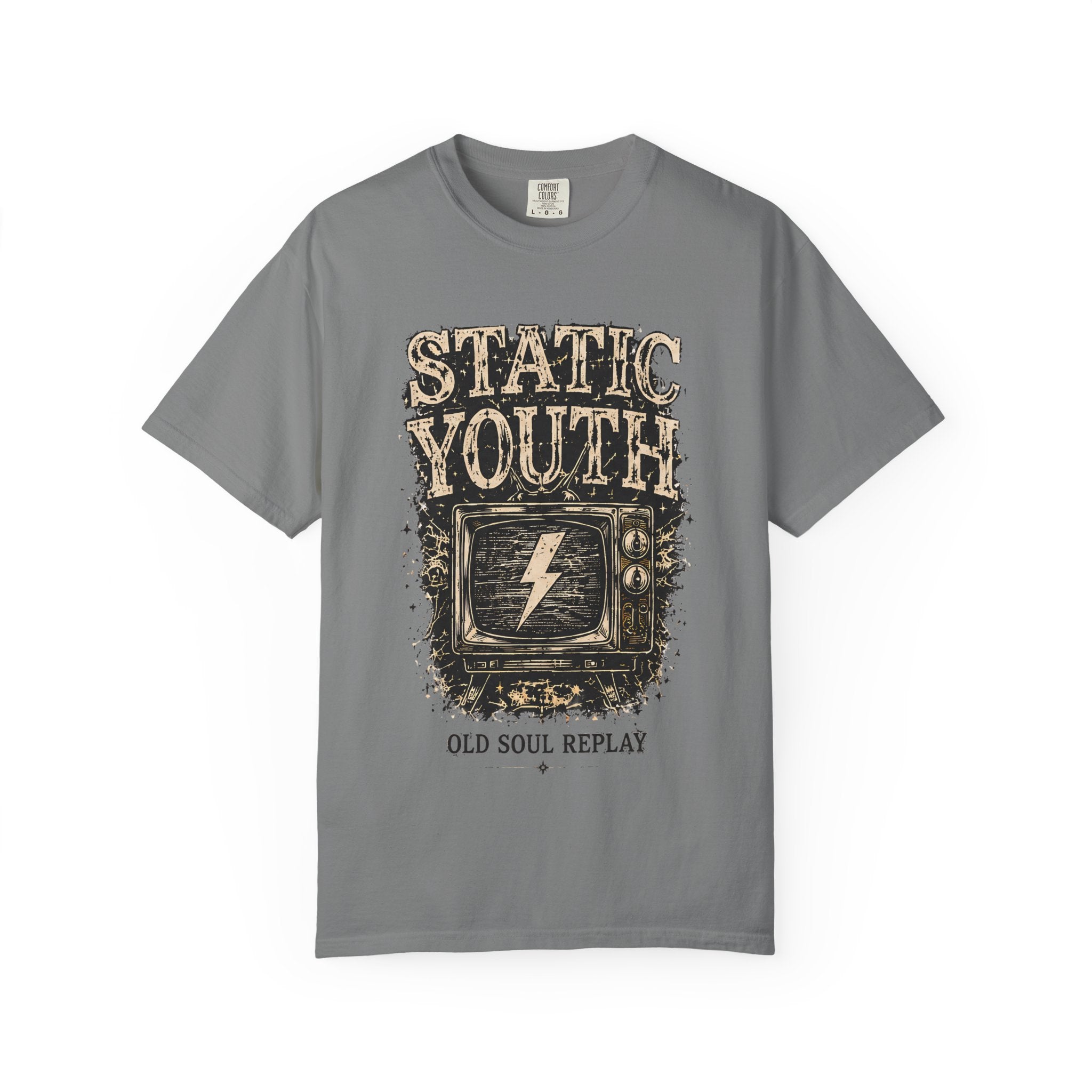 Static Youth Graphic Tee — Vintage TV Lightning Bolt "Old Soul Replay" - Creations by Chris and Carlos