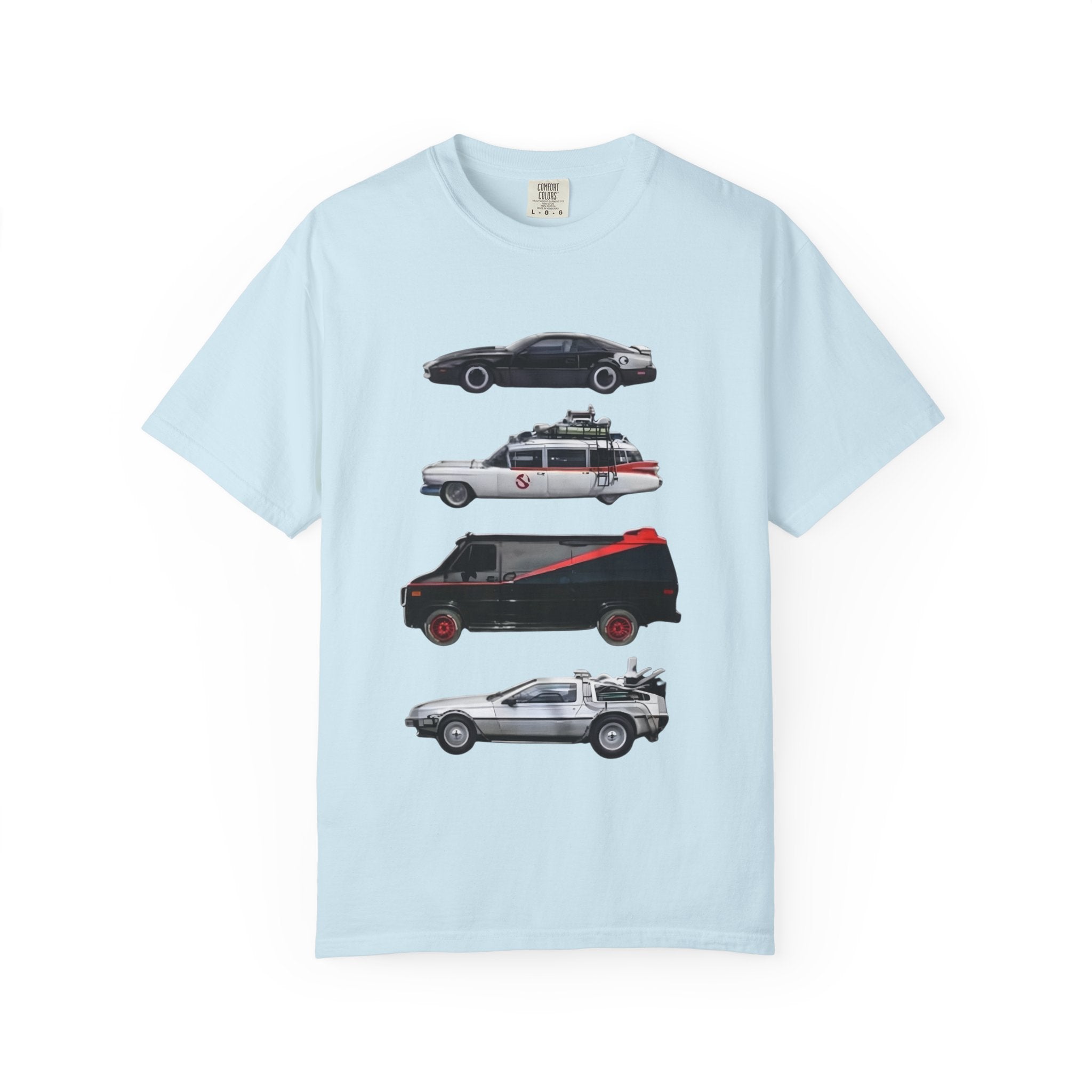 Classic TV Movie Car Stack T-Shirt — KITT, Ghostbusters, A-Team & DeLorean Tribute - Creations by Chris and Carlos