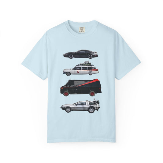 Classic TV Movie Car Stack T-Shirt — KITT, Ghostbusters, A-Team & DeLorean Tribute - Creations by Chris and Carlos