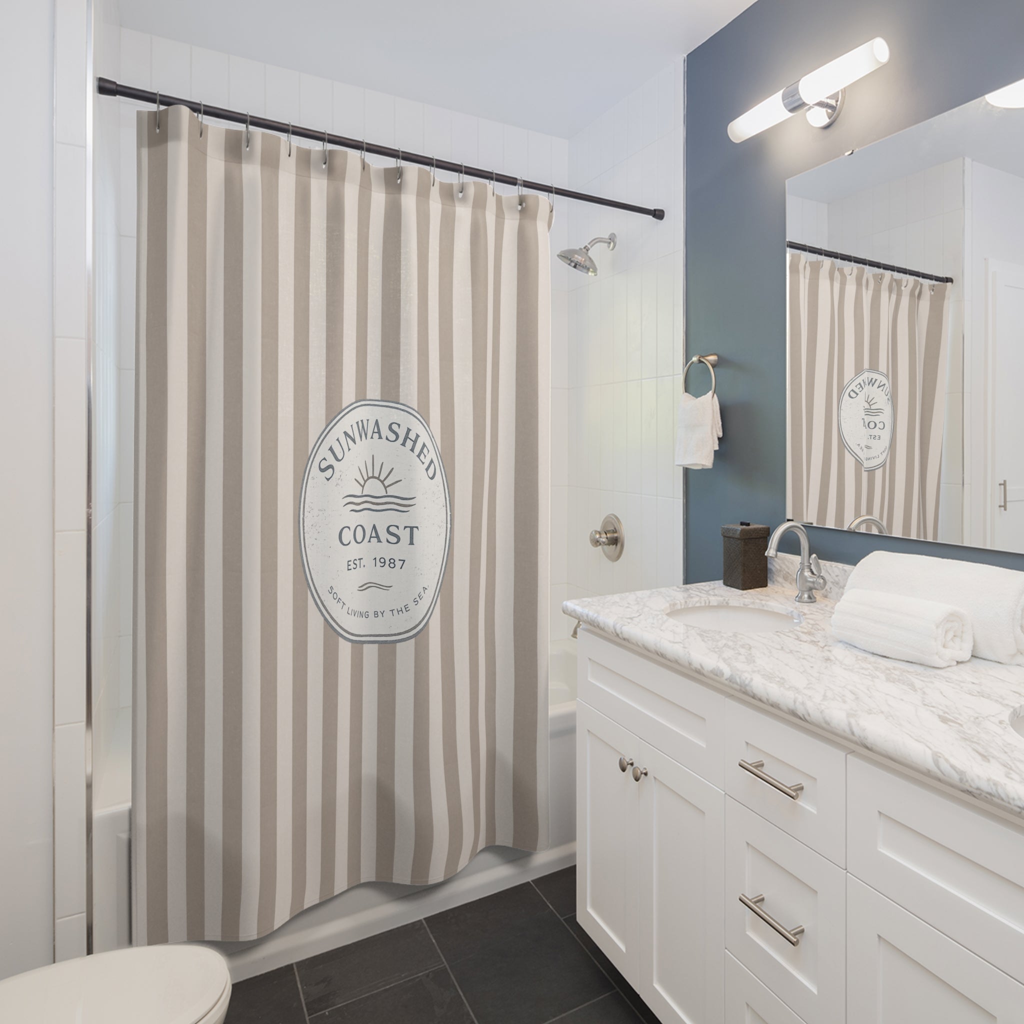 Coastal Sunwashed Stripe Shower Curtain — Beachy Neutral Bathroom Decor - Creations by Chris and Carlos
