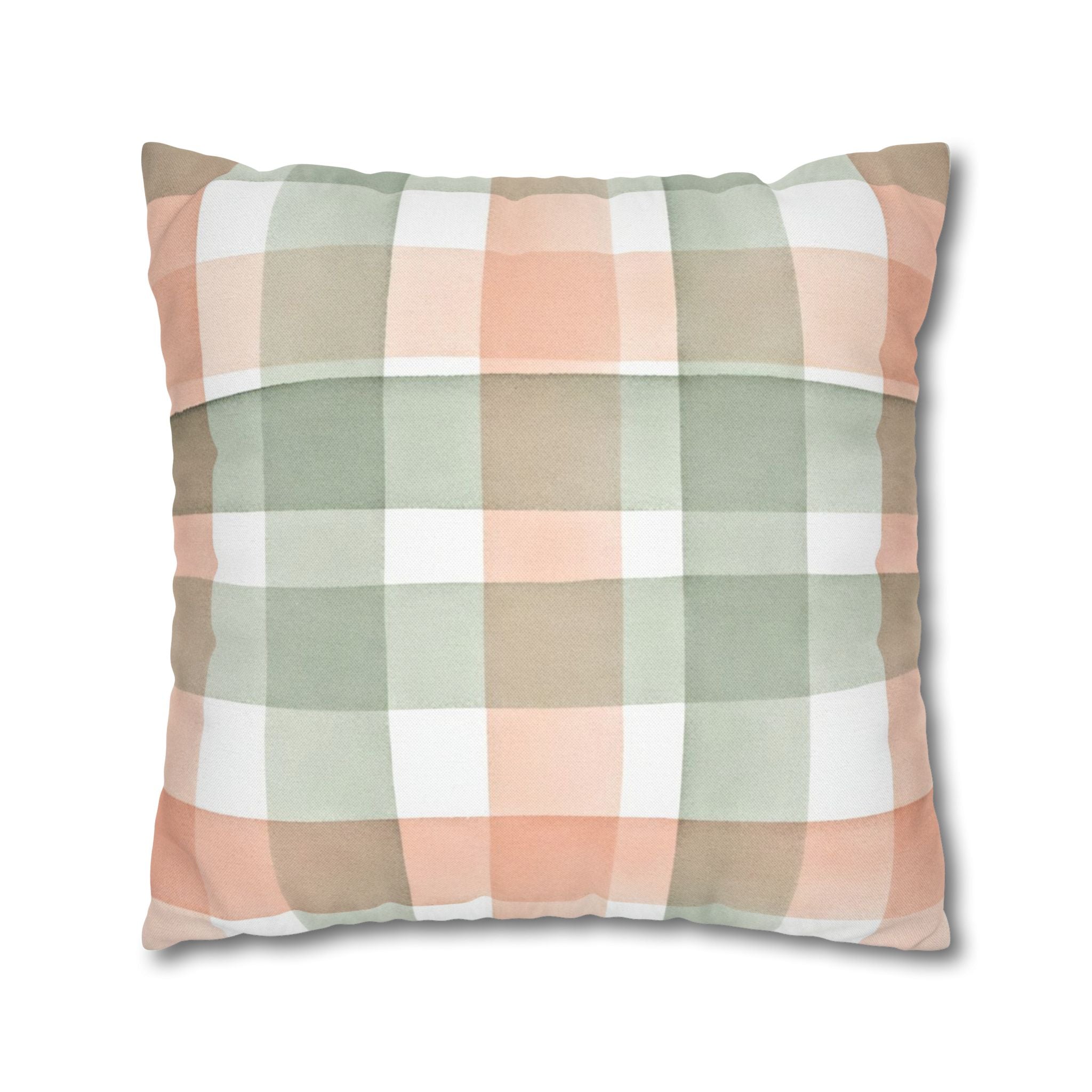 The Artisanal Flora Gallery Pastel Buffalo Check Pillowcase — Peach & Sage Plaid Square Pillow Cover - Creations by Chris and Carlos