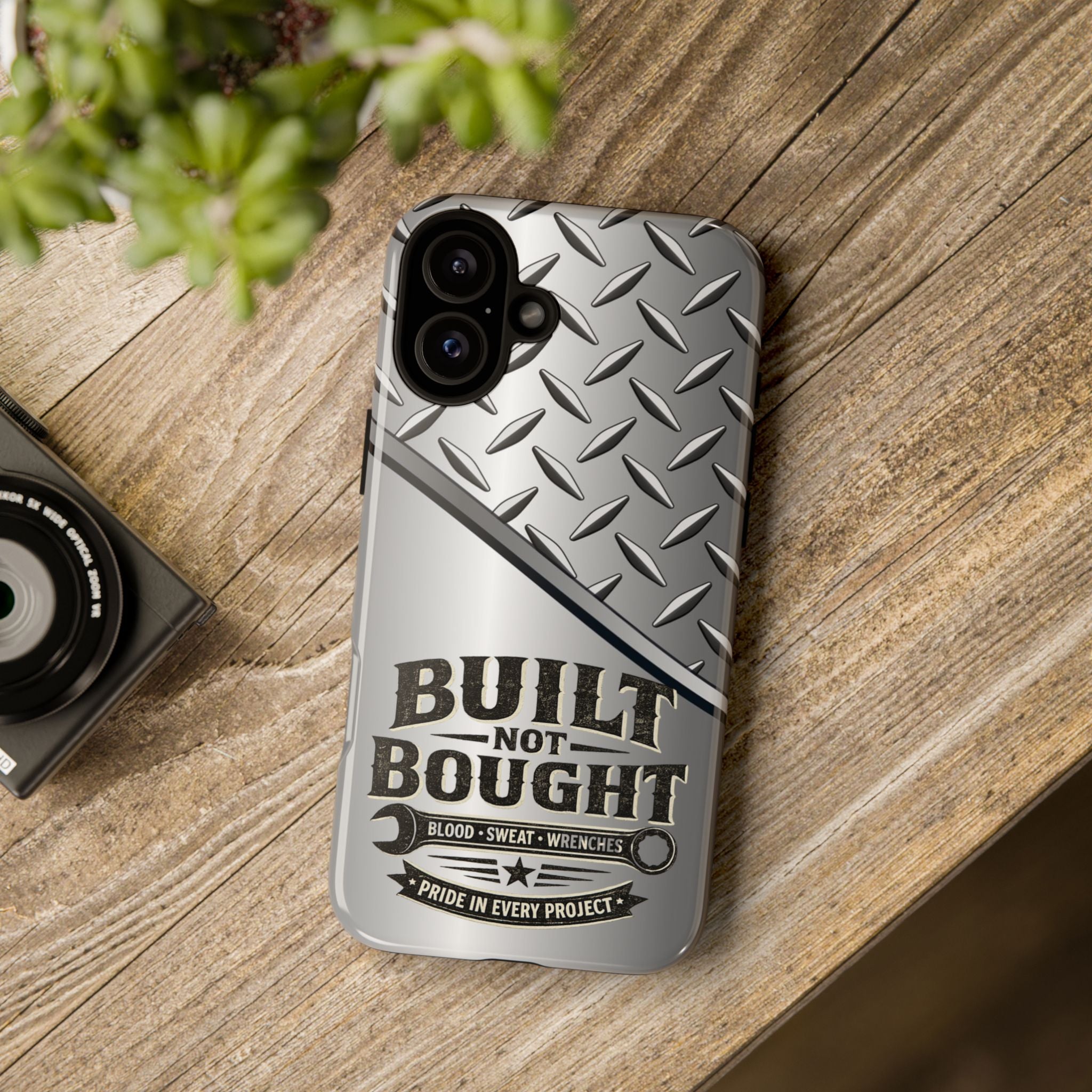 Built Not Bought Metal Diamond-Plate Phone Case — Rugged Tool Lover Gift - Creations by Chris and Carlos