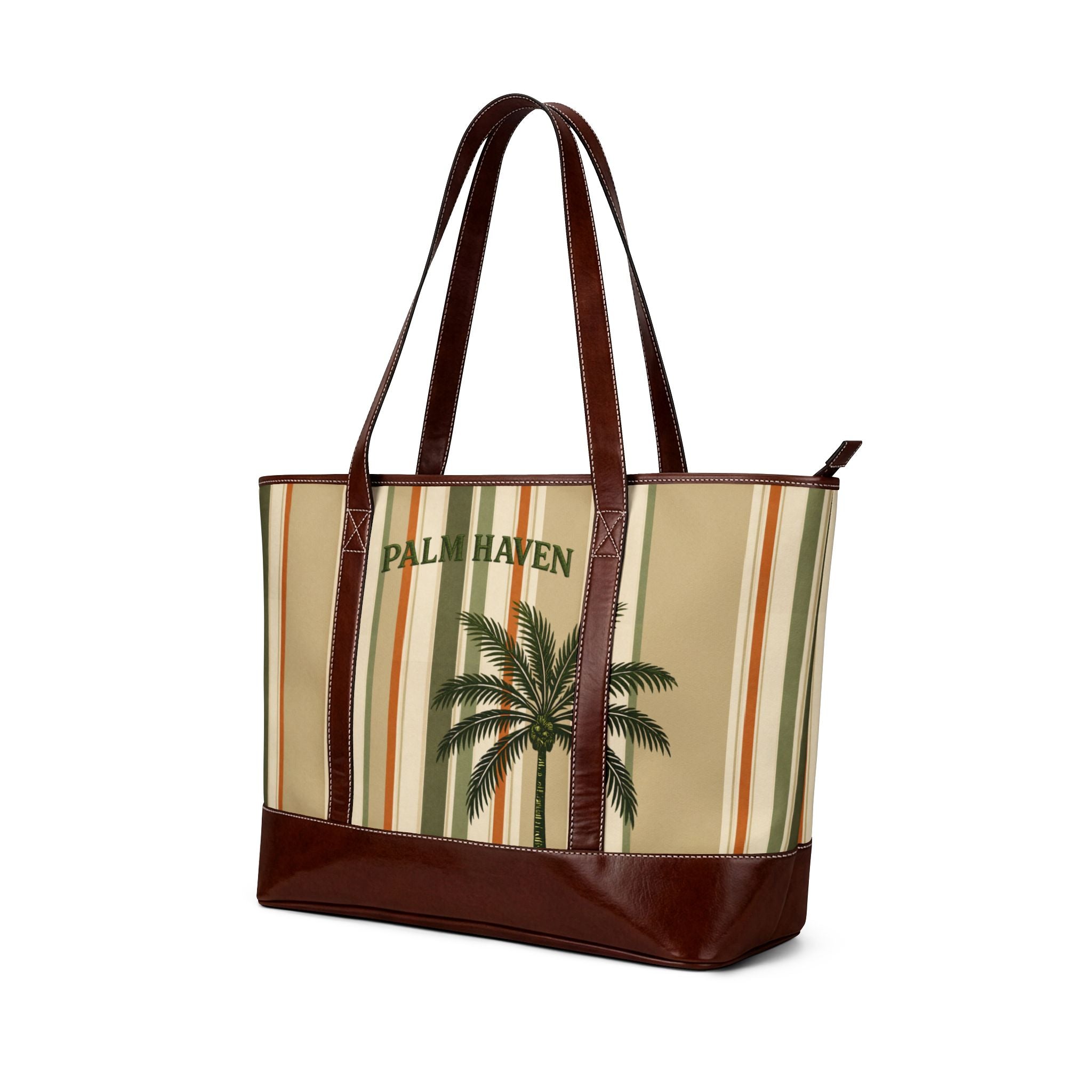 Palm Haven Tote Bag — Retro Striped Palm Beach Handbag - Creations by Chris and Carlos