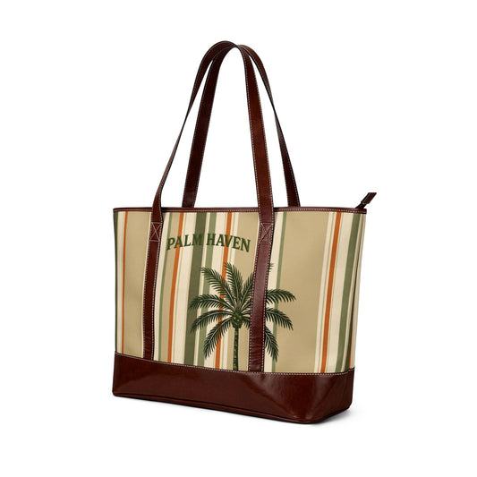 Palm Haven Tote Bag — Retro Striped Palm Beach Handbag - Creations by Chris and Carlos