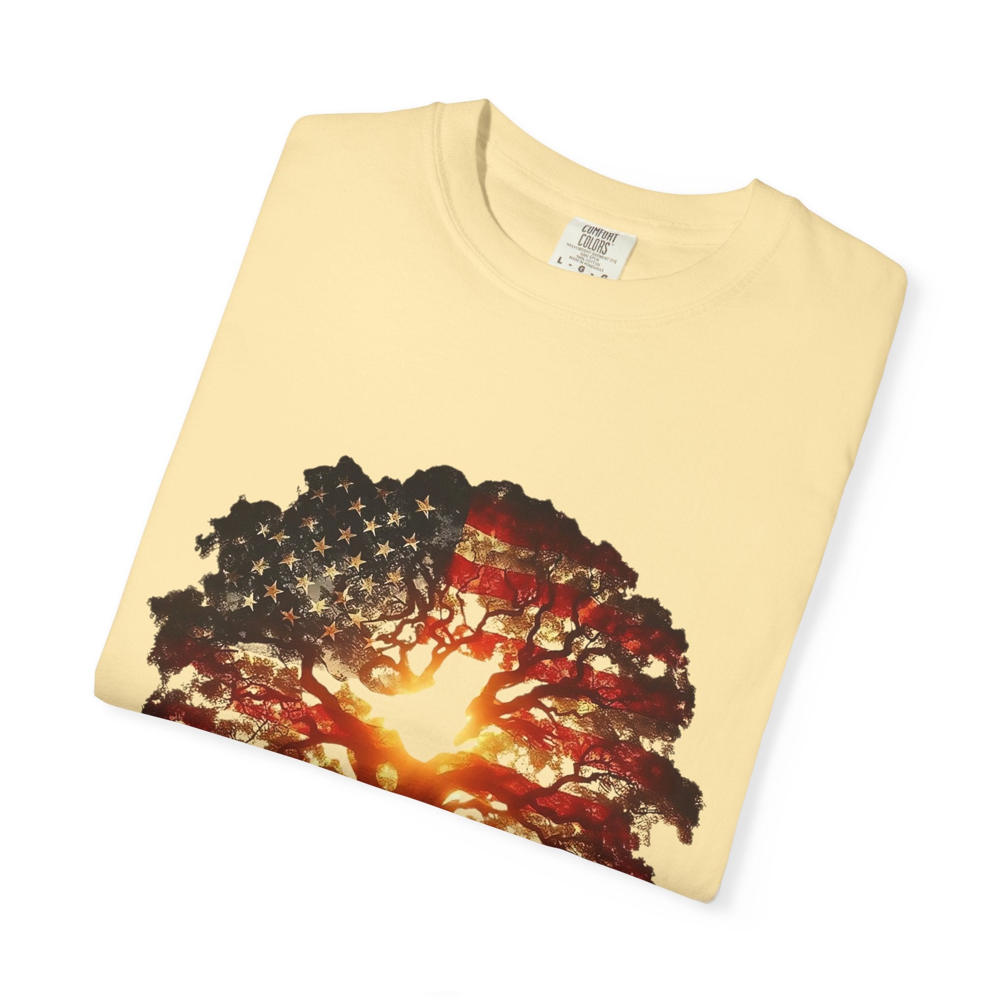 Patriotic Tree of Life T-Shirt — American Flag Sunset Graphic - Creations by Chris and Carlos