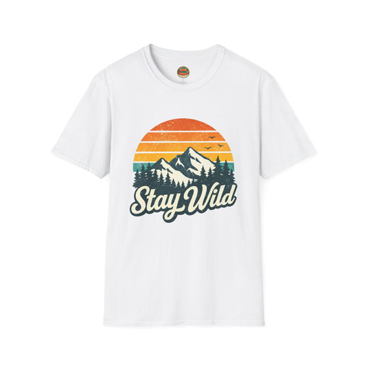 Stay Wild Mountain T-Shirt — Vintage Sunset Outdoor Adventure Tee - Creations by Chris and Carlos