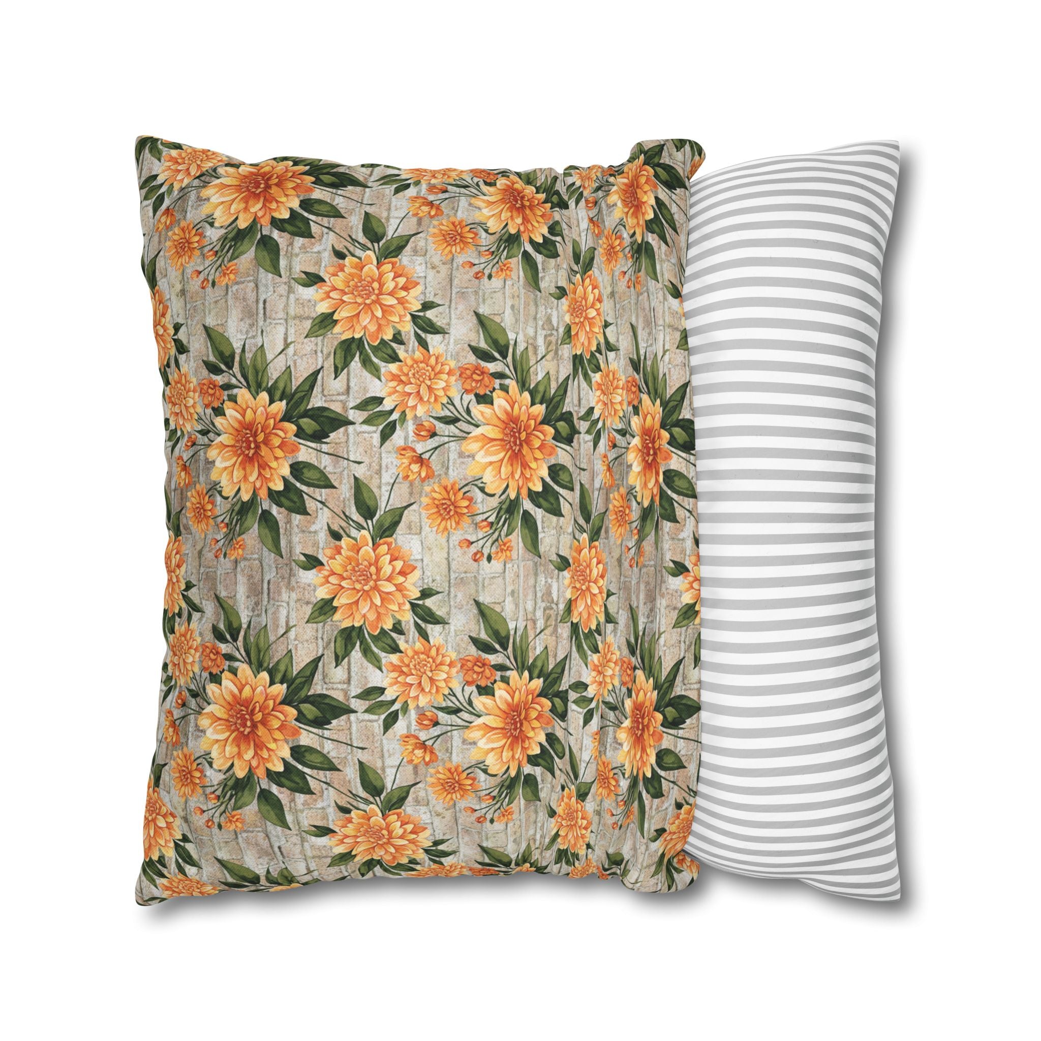 The Artisanal Flora Gallery Floral Sunburst Square Pillowcase — Orange Dahlia Botanical Throw Pillow Cover - Creations by Chris and Carlos