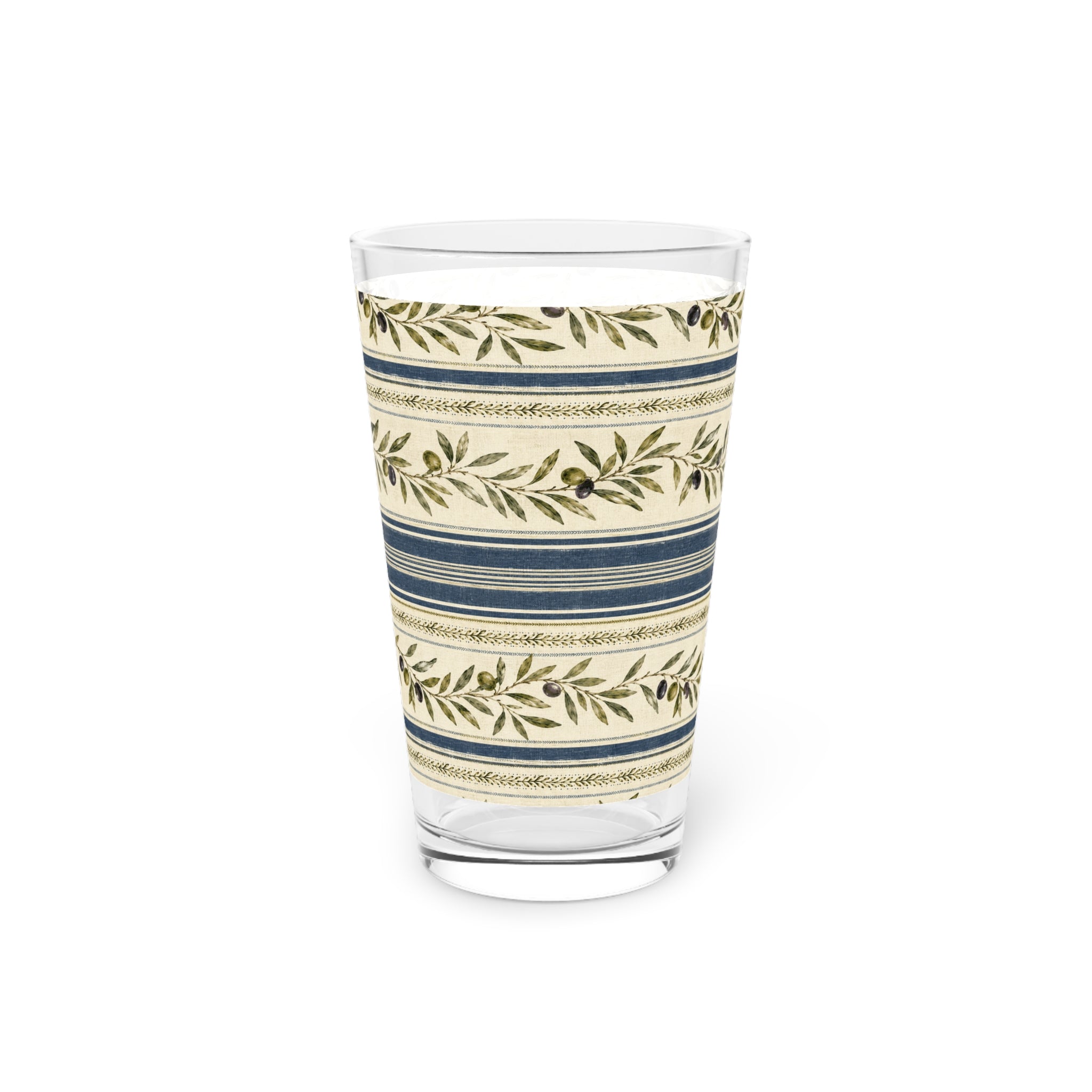 Olive Branch Striped Pint Glass — 16oz Rustic Mediterranean Beer Glass - Creations by Chris and Carlos