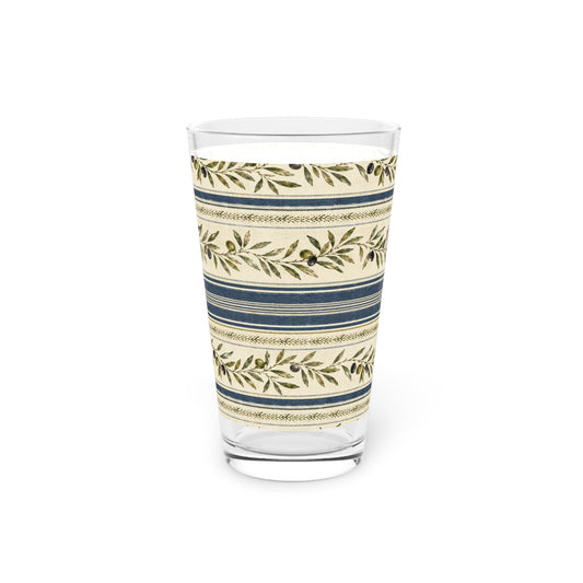 Olive Branch Striped Pint Glass — 16oz Rustic Mediterranean Beer Glass - Creations by Chris and Carlos