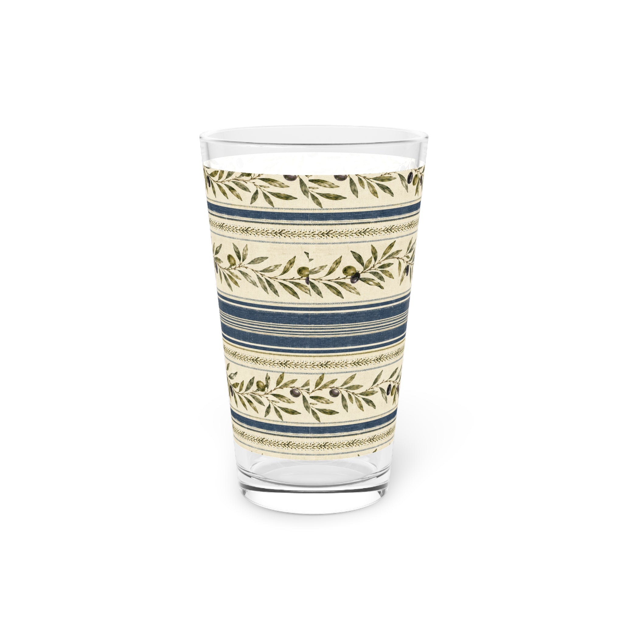 Olive Branch Striped Pint Glass — 16oz Rustic Mediterranean Beer Glass - Creations by Chris and Carlos