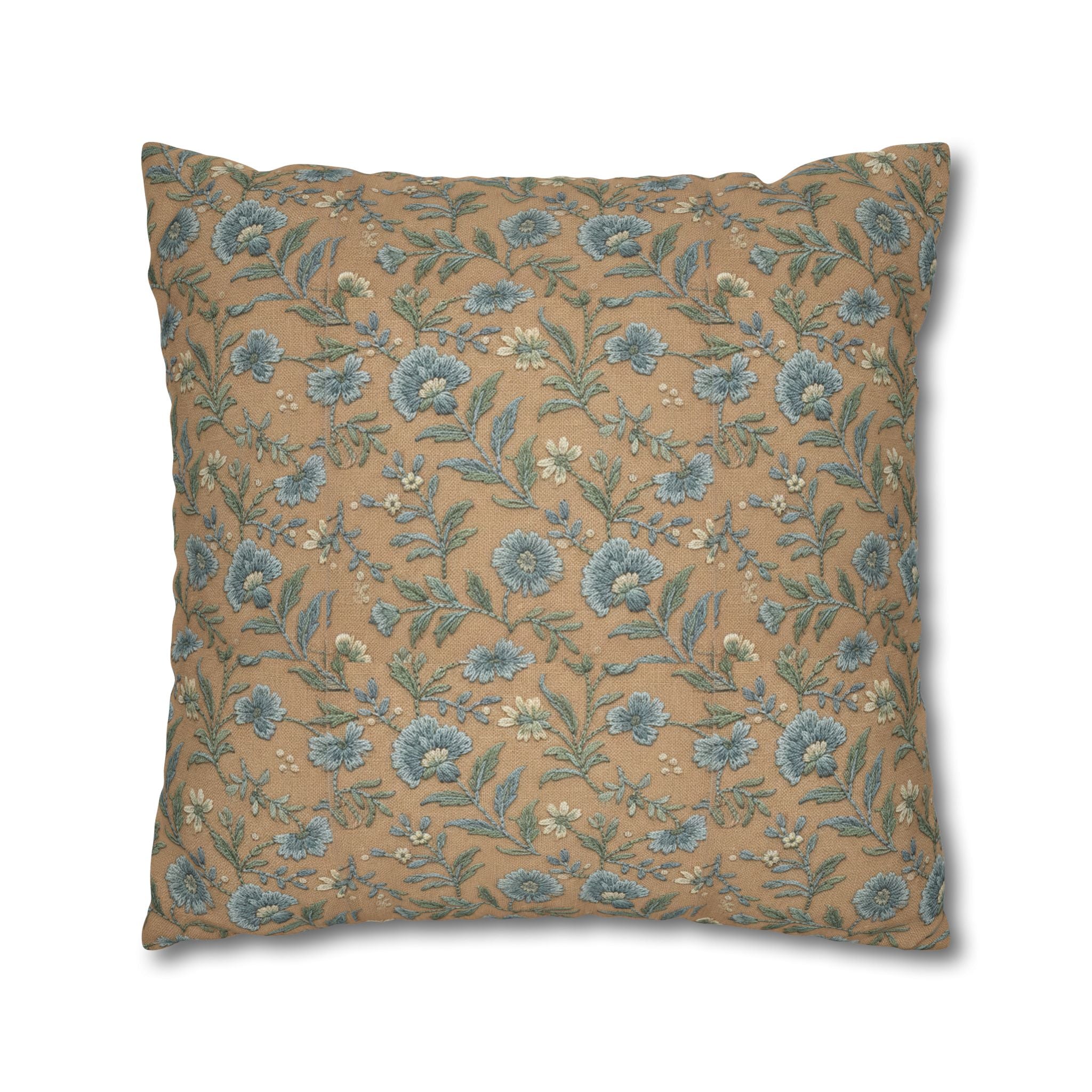Plumstead Manor Geometric Vintage Floral Pillowcase — Blue Beige Botanical Square Pillow - Creations by Chris and Carlos