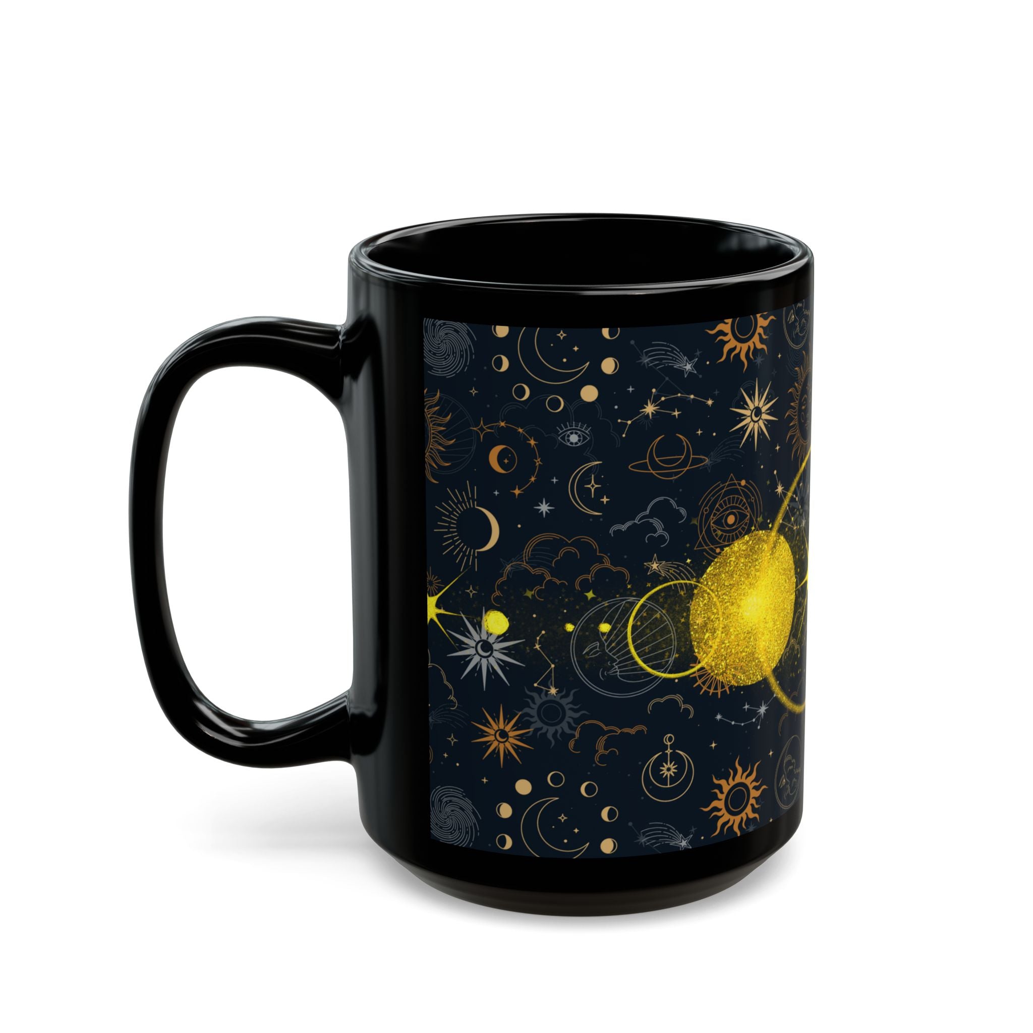Celestial Phases Black Mug — Gold Moon & Star Astrology Design (11oz/15oz) - Creations by Chris and Carlos
