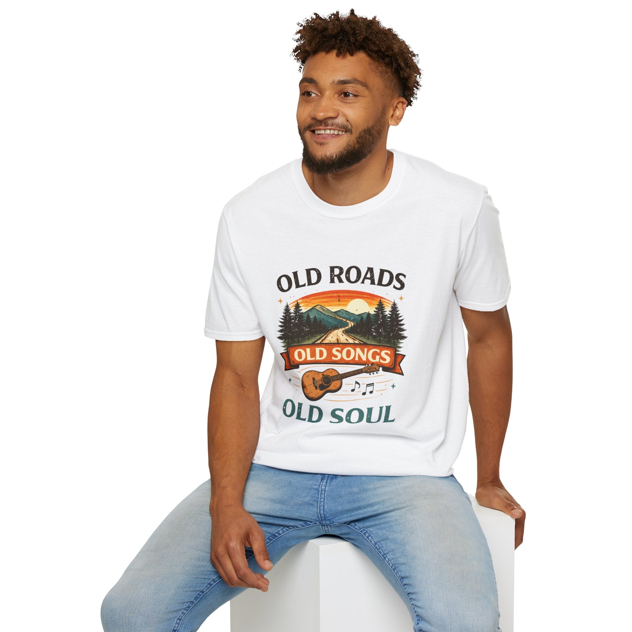 Old Roads Old Songs Old Soul T-Shirt – Vintage Guitar & Mountain Graphic - Creations by Chris and Carlos