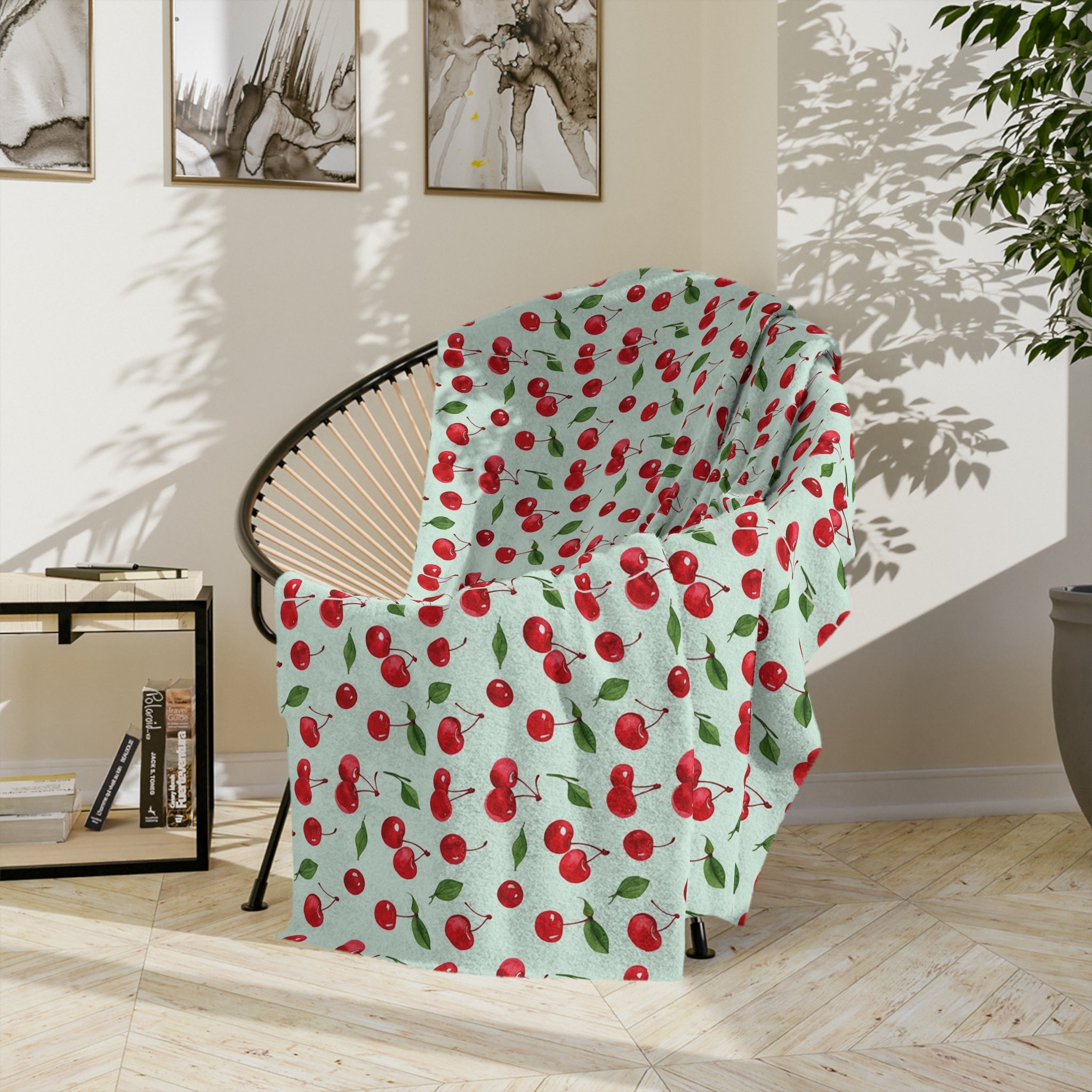 The Sugar Shack Diner Cherry Pattern Velveteen Microfiber Blanket — Cute Retro Fruit Throw - Creations by Chris and Carlos