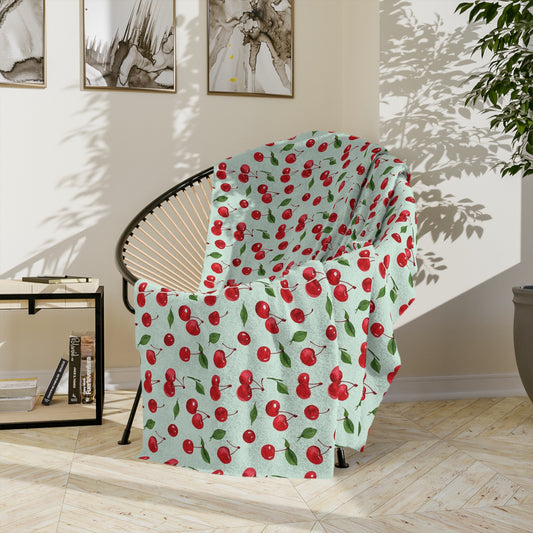 The Sugar Shack Diner Cherry Pattern Velveteen Microfiber Blanket — Cute Retro Fruit Throw - Creations by Chris and Carlos