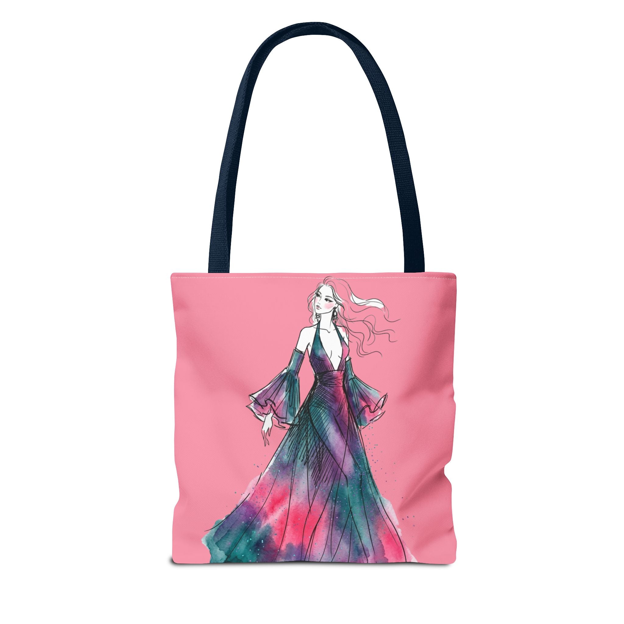 Pink Watercolor Fashion Tote Bag — Elegant Woman in Flowing Dress AOP - Creations by Chris and Carlos