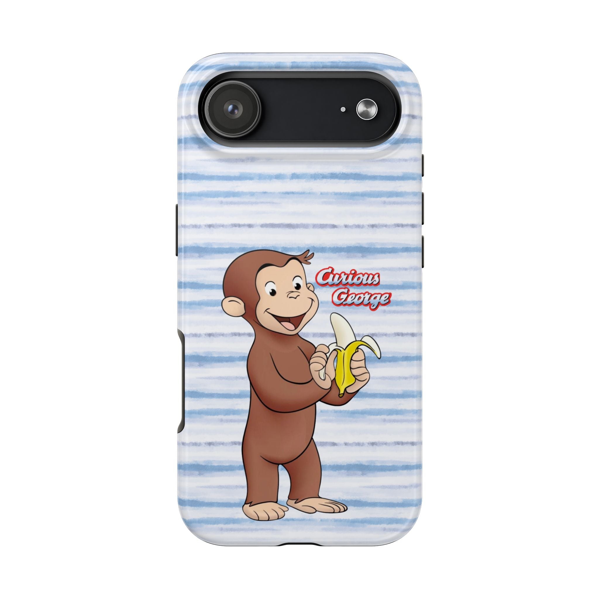 Curious George Banana Tough Phone Case — Cute Kids iPhone Cover, Blue Stripe Protective Case - Creations by Chris and Carlos
