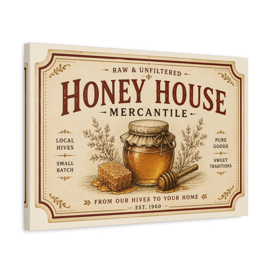 Honey House Mercantile Canvas Print — Rustic Honey Jar Wall Art - Creations by Chris and Carlos