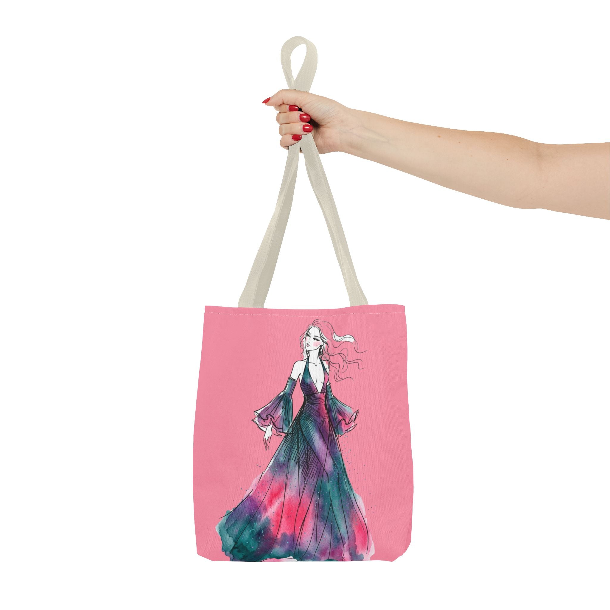 Pink Watercolor Fashion Tote Bag — Elegant Woman in Flowing Dress AOP - Creations by Chris and Carlos