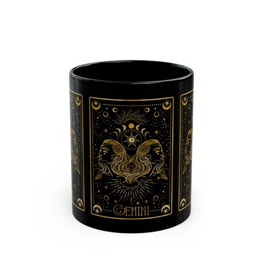 Gemini Zodiac Black Mug — Gold Astrology Tarot Card Design (11oz, 15oz) - Creations by Chris and Carlos