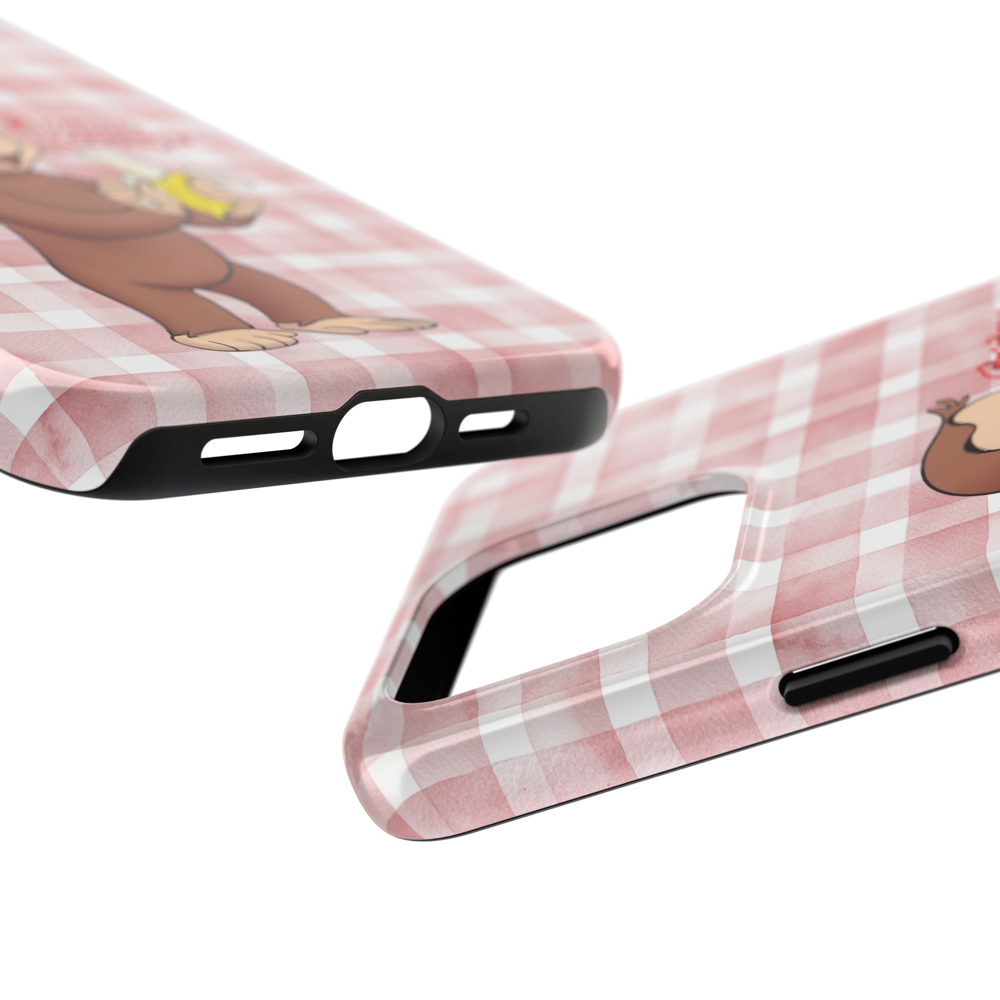 Curious George Banana Tough Phone Case — Cute Kids iPhone Cover, Pink Gingham Protective Case - Creations by Chris and Carlos