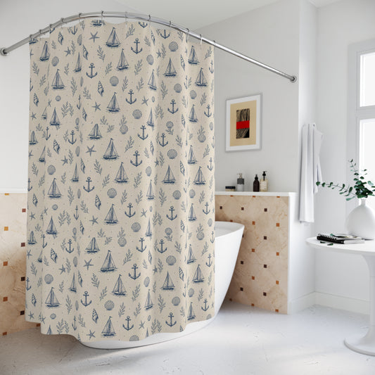 Nautical Sailboat & Anchor Shower Curtain — Coastal Beach Pattern for Bathroom - Creations by Chris and Carlos