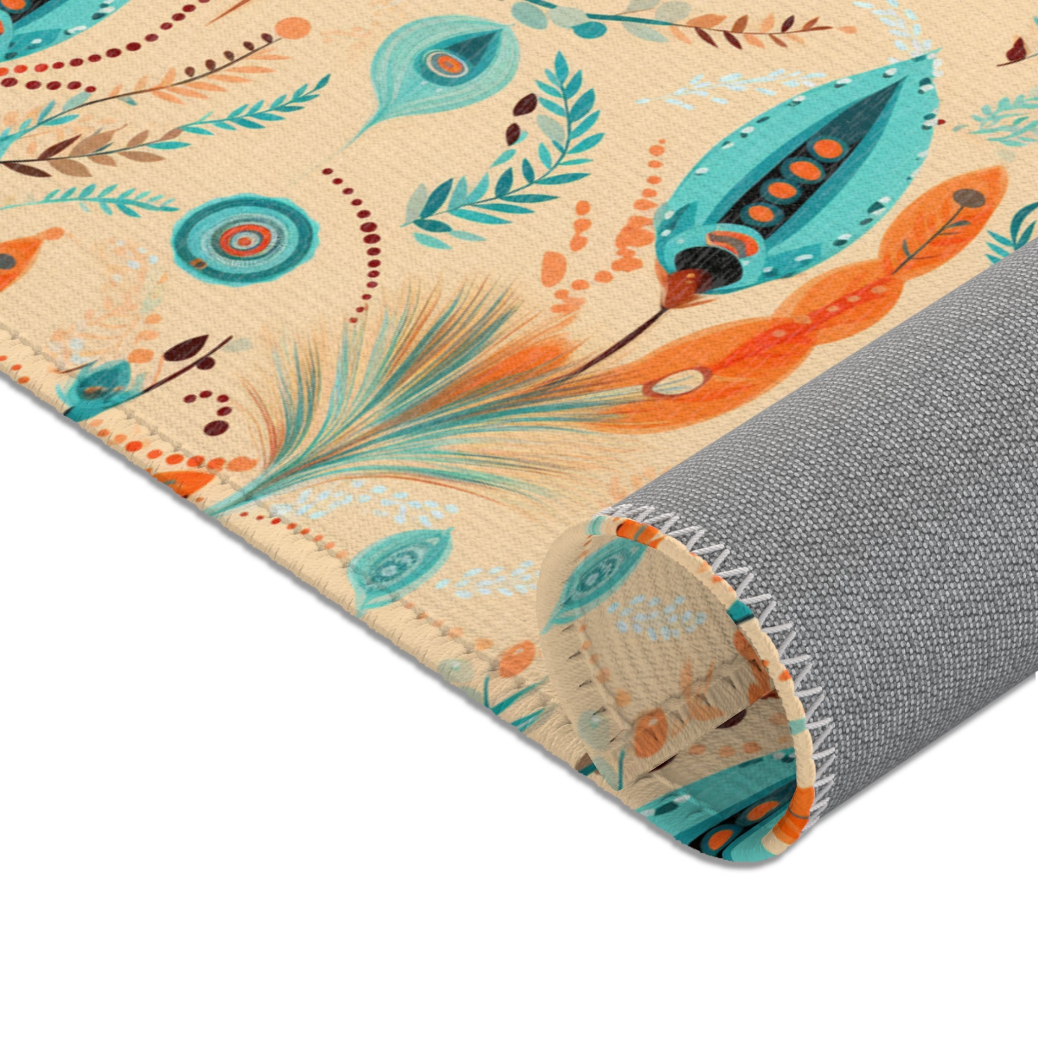 Sol y Alegría (Sun and Joy) Collection- Boho Feather Pattern Area Rug — Turquoise & Coral Accent Rug - Creations by Chris and Carlos