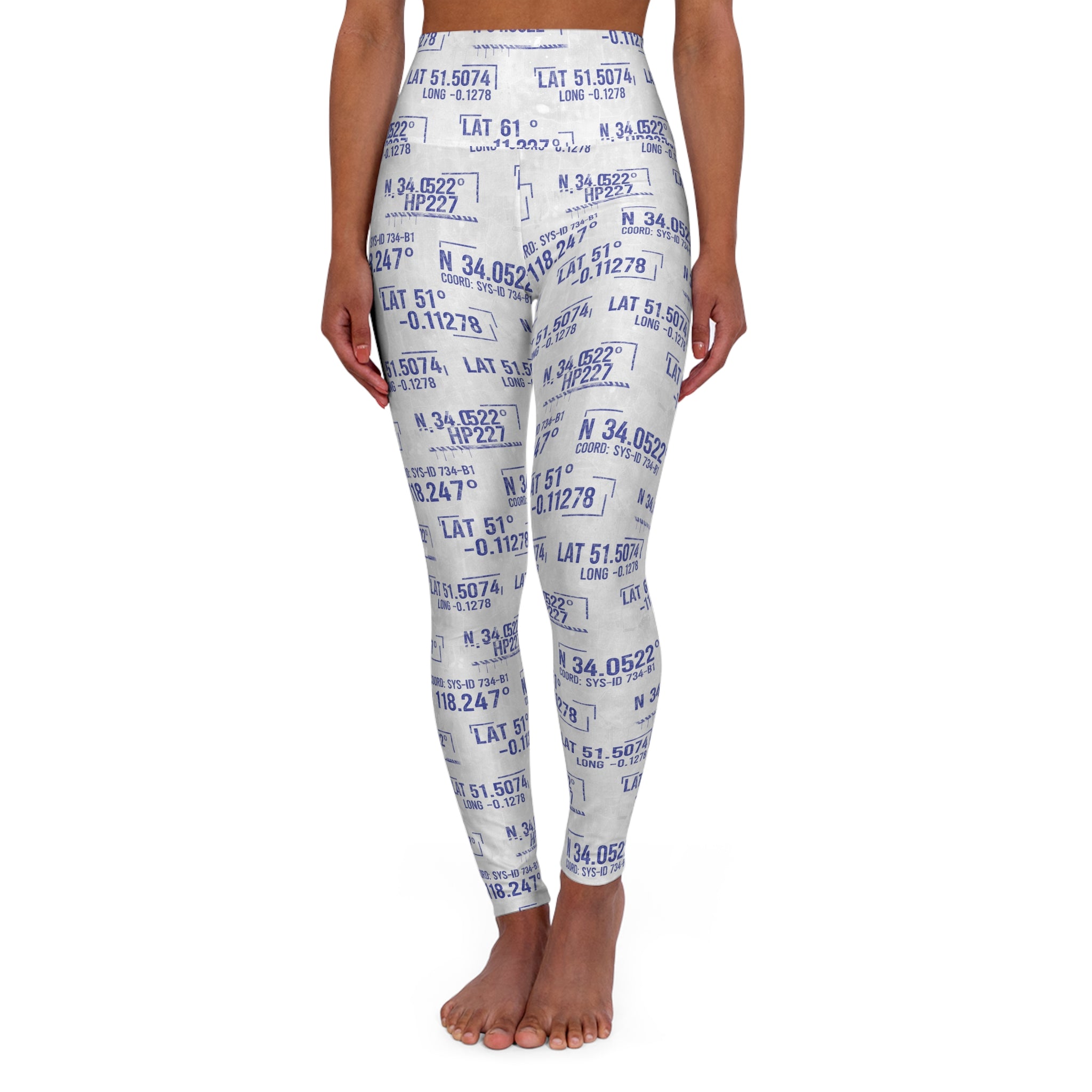 Latitude Longitude Pattern High-Waist Yoga Leggings — Navy Coordinates Fitness Print - Creations by Chris and Carlos