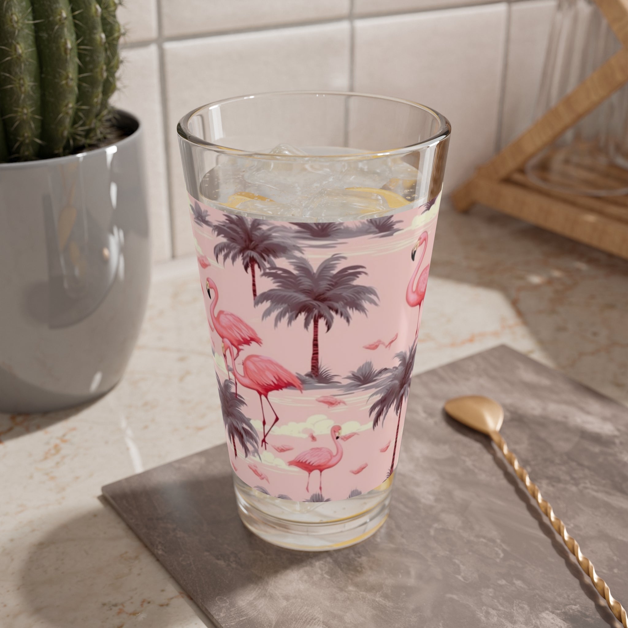 Pink Flamingo's- Mixing Glass, 16oz - Creations by Chris and Carlos