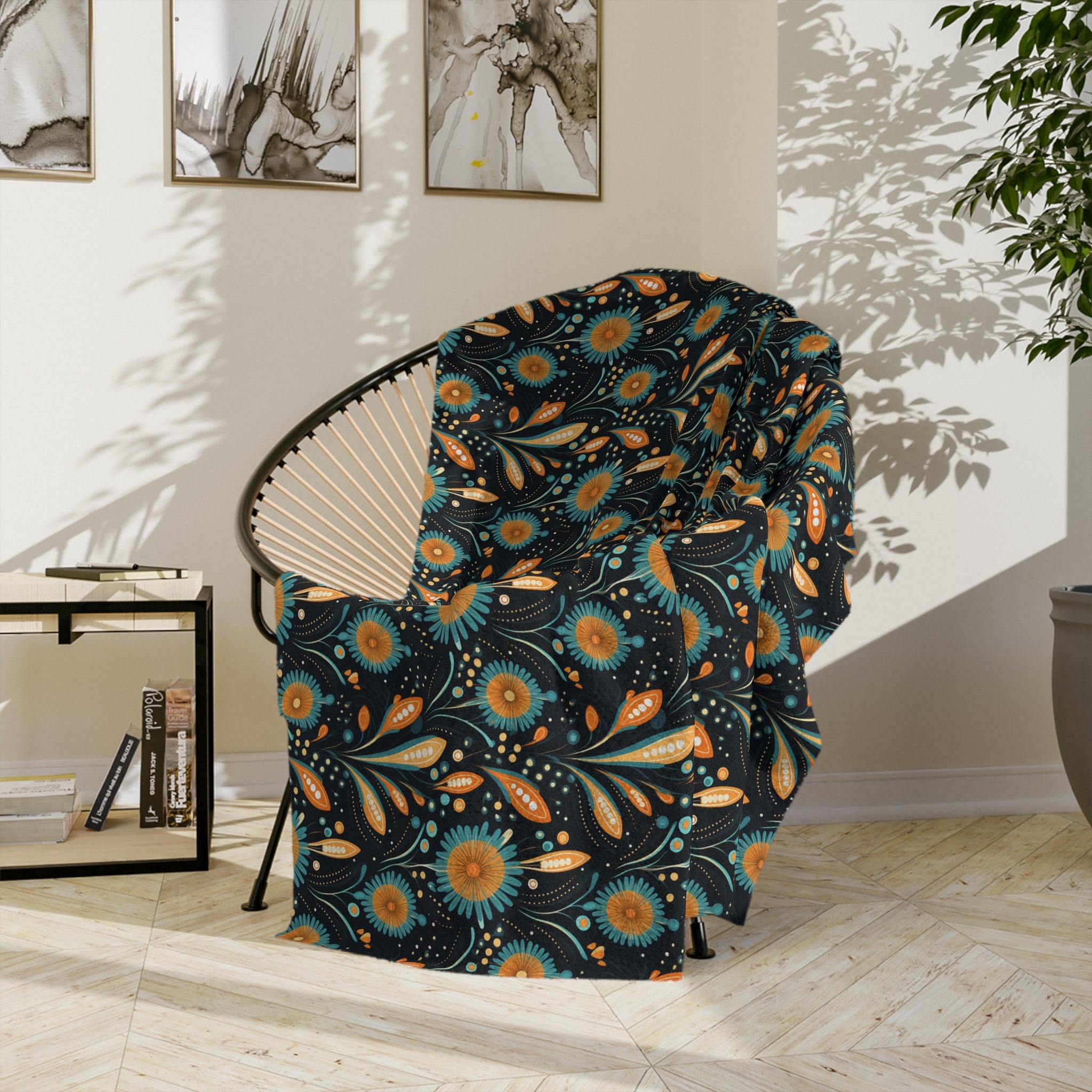 Sol y Alegría (Sun and Joy) Collection-Floral Velvet Throw Blanket Teal & Gold Microfiber Pattern - Creations by Chris and Carlos