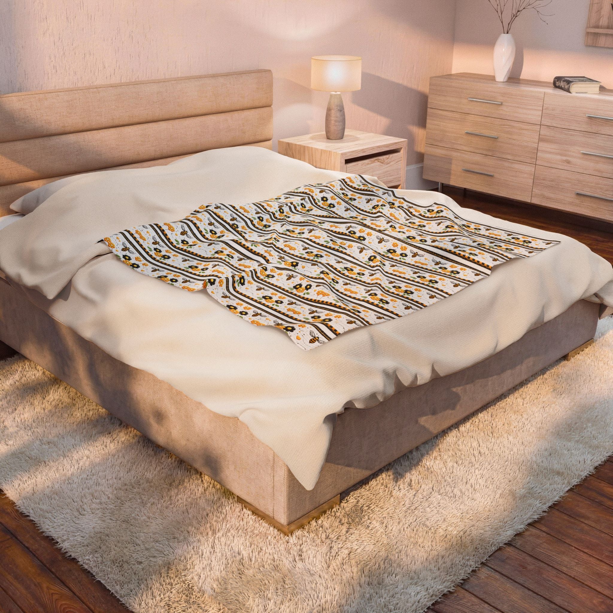 Bee & Sunflower Velveteen Plush Blanket — Cozy Floral Throw for Spring, Garden Lovers & Gift Giving - Creations by Chris and Carlos