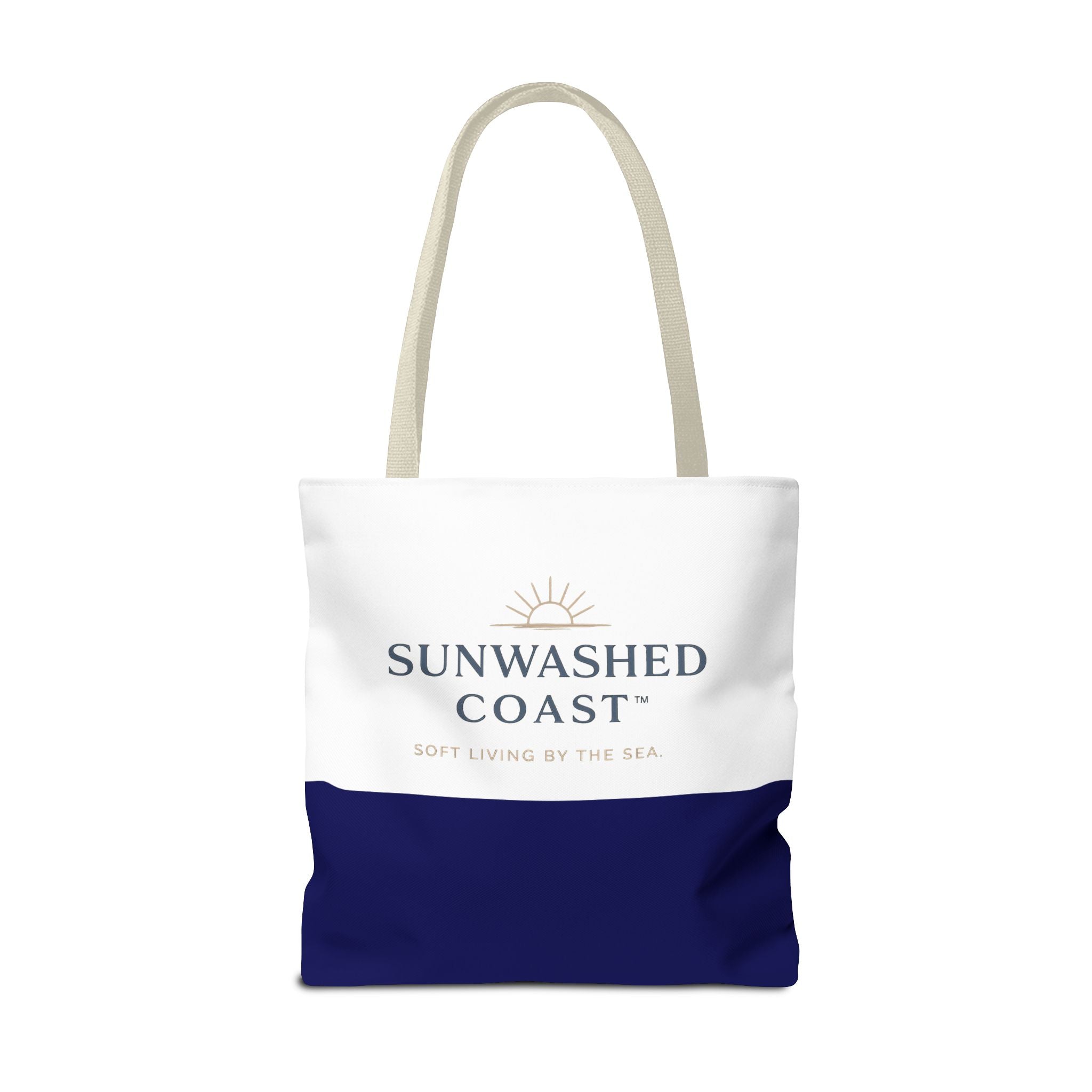 Sunwashed Coast Tote Bag — Coastal Canvas Beach Tote with 'Soft Living by the Sea' Logo - Creations by Chris and Carlos