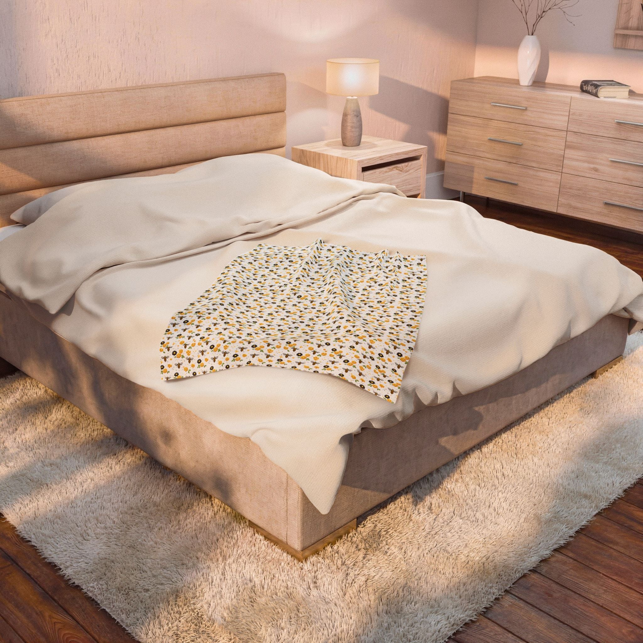 Bee & Sunflower Velveteen Plush Blanket — Cozy Floral Throw for Spring, Garden Lovers & Gift Giving - Creations by Chris and Carlos