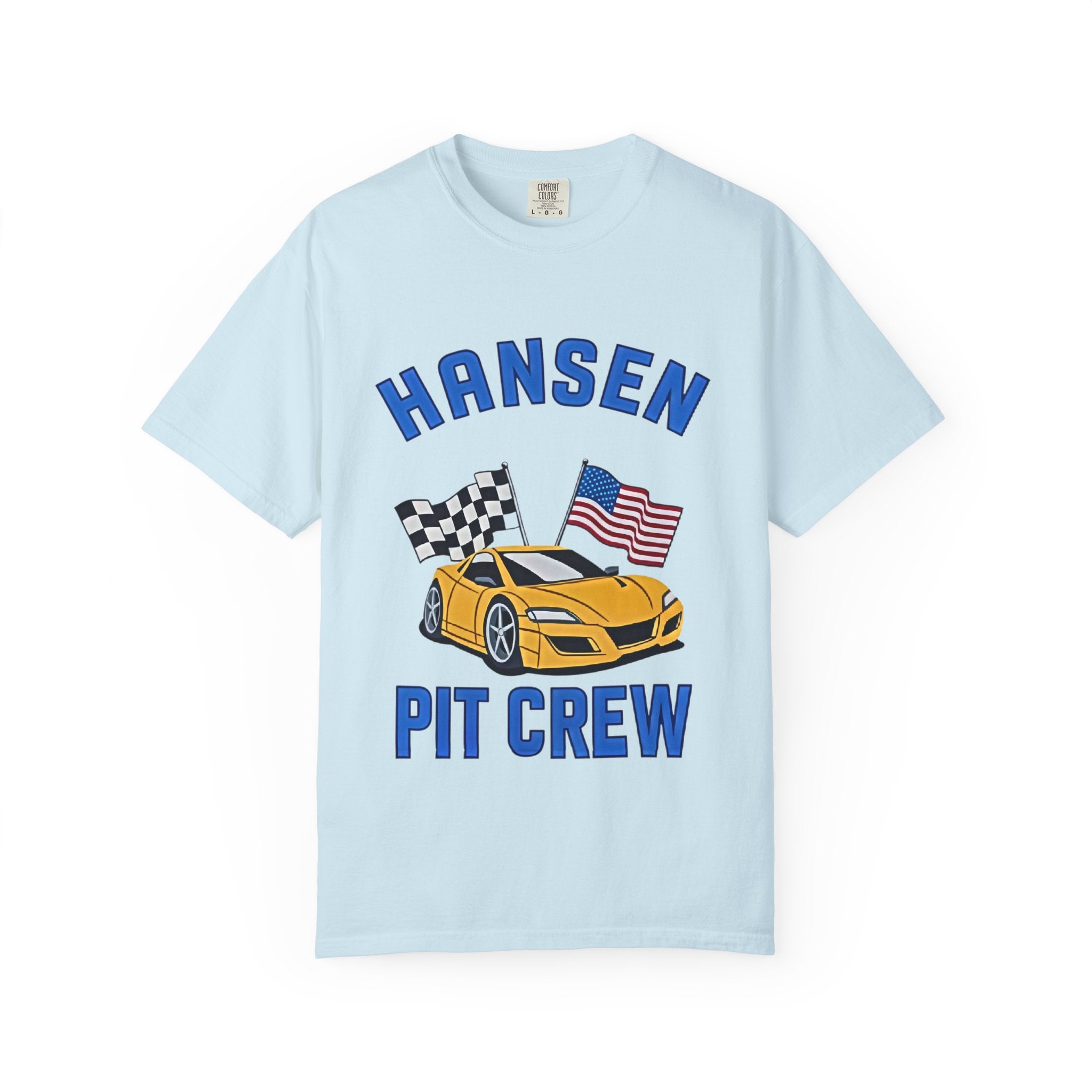 The Pitt TV Show Pit Crew Racing T‑Shirt — 'Hansen' Sports Car with Checkered Flag & American Flag - Creations by Chris and Carlos