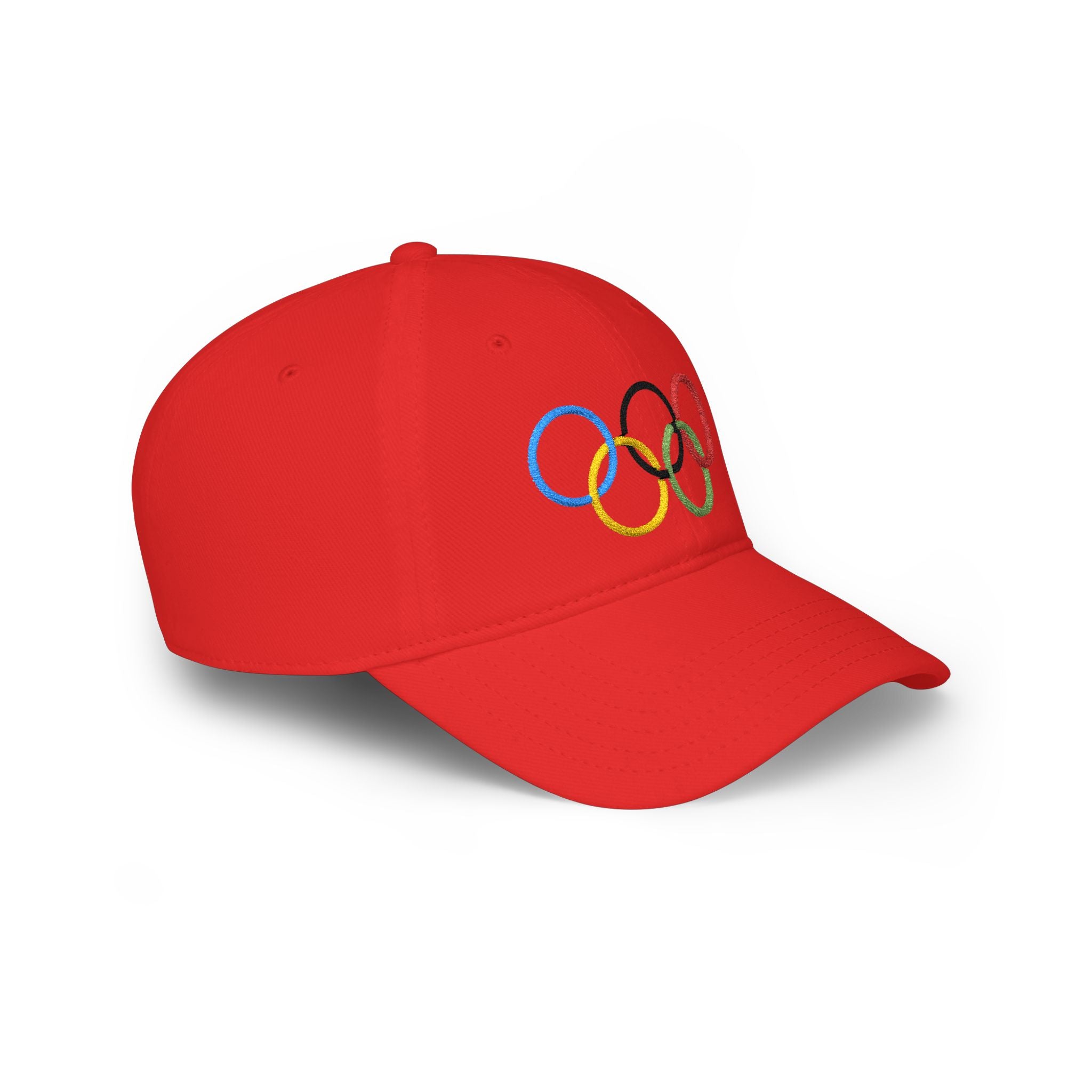 Olympic Rings Embroidered Baseball Cap — Red Low Profile Sport Hat - Creations by Chris and Carlos