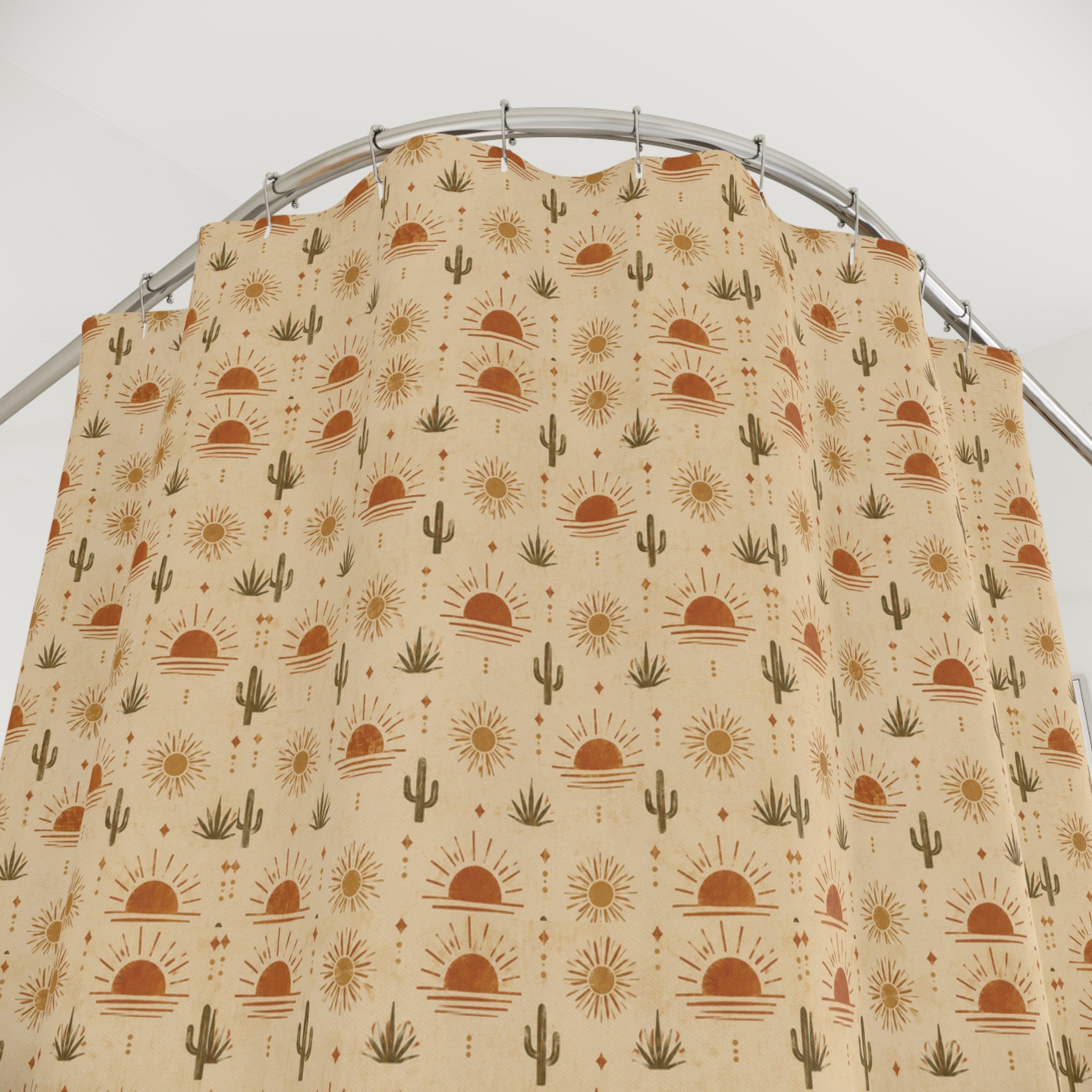 Desert Sunset Shower Curtain — Boho Cactus & Sun Pattern - Creations by Chris and Carlos
