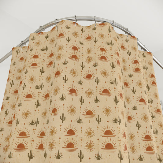 Desert Sunset Shower Curtain — Boho Cactus & Sun Pattern - Creations by Chris and Carlos