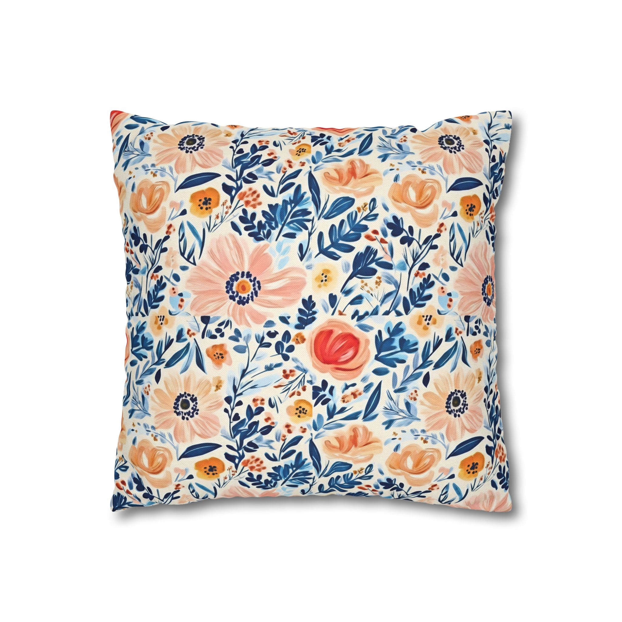 The Artisanal Flora Gallery Floral Watercolor Throw Pillow Cover — Peach & Navy Garden Pattern - Creations by Chris and Carlos