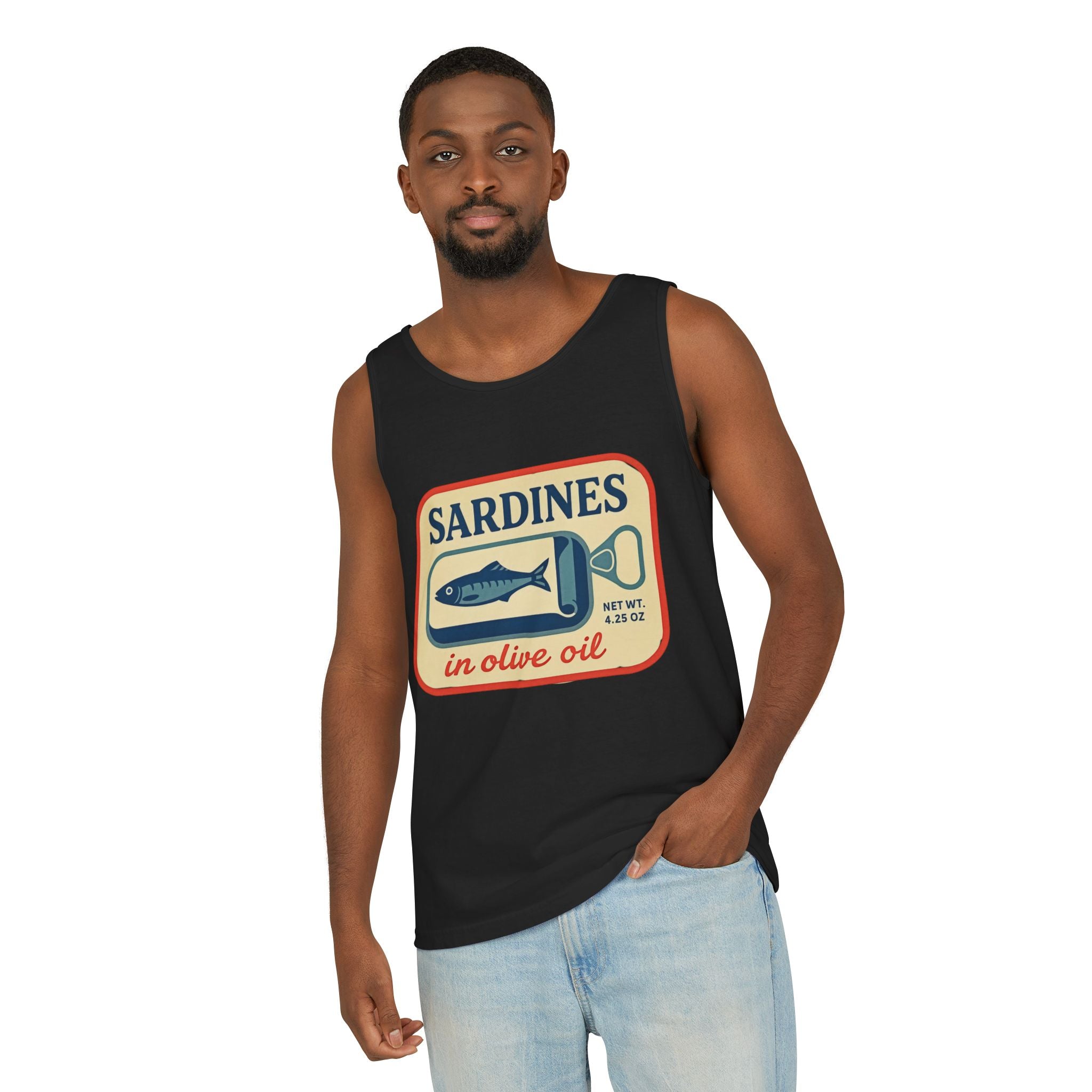 Sardines in Olive Oil Tank Top — Retro Seafood Can Graphic - Creations by Chris and Carlos