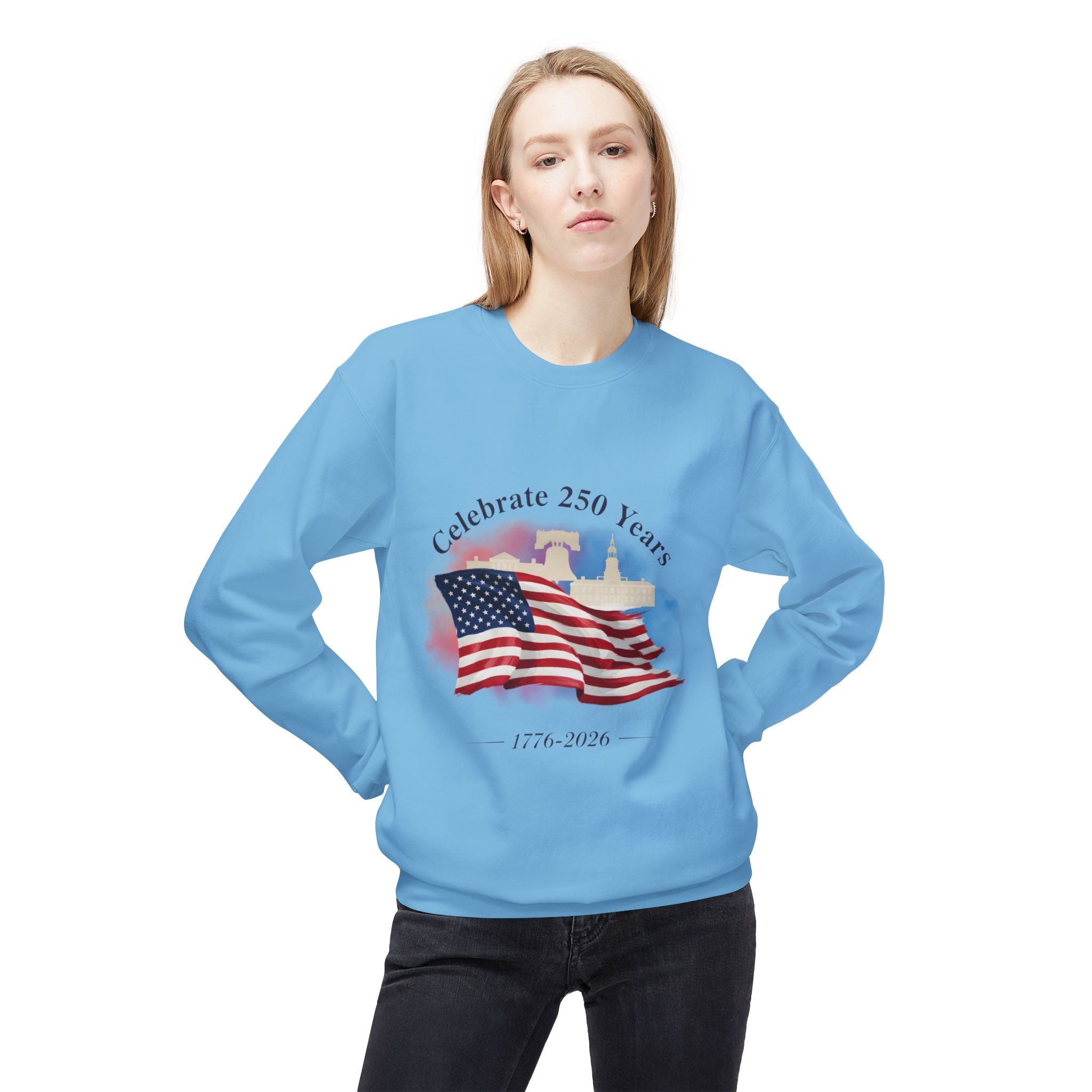 Crewneck Sweatshirt — "Celebrate 250 Years" American Flag 1776–2026 Patriotic Pullover - Creations by Chris and Carlos