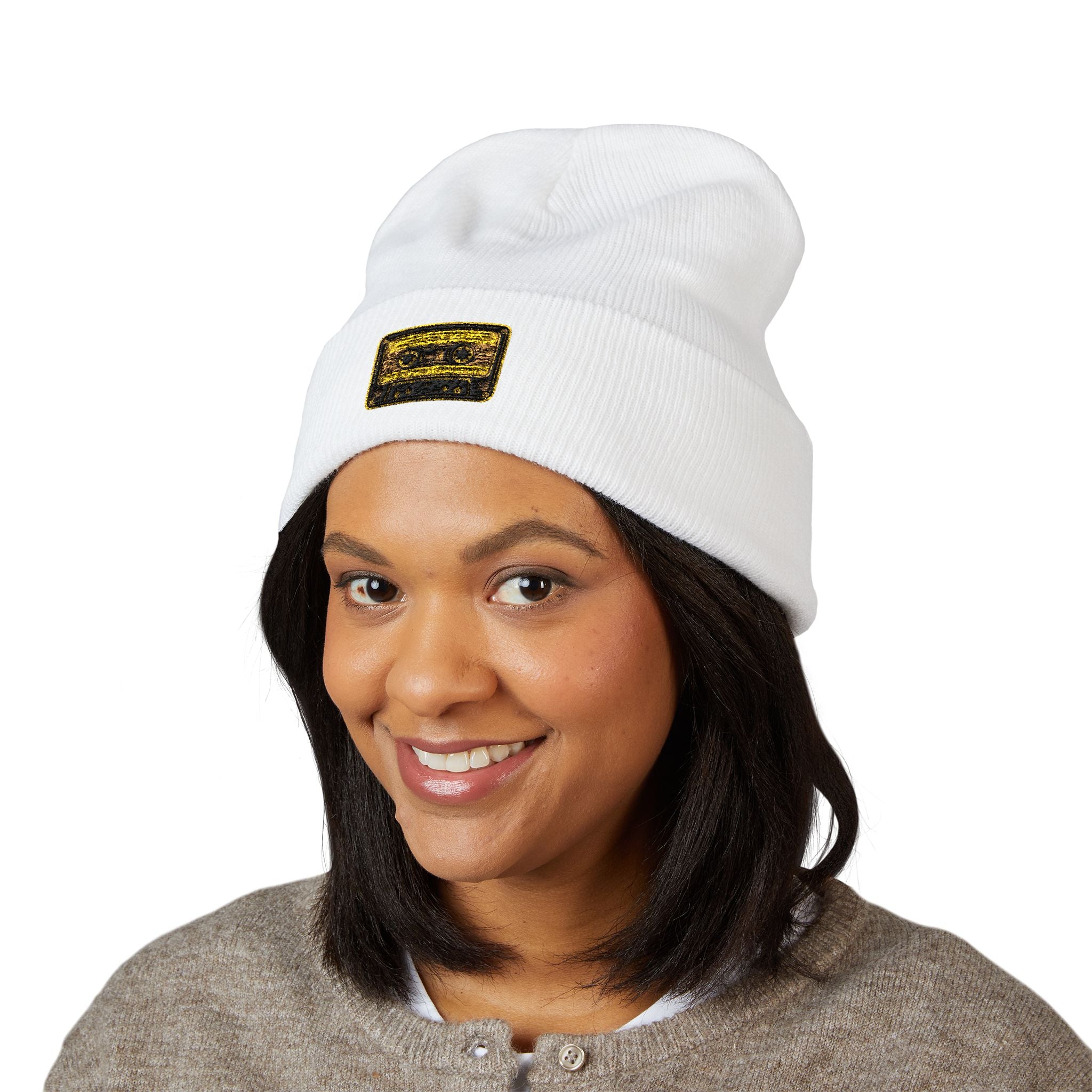 Embroidered Gold Cassette Beanie — Retro Music Cuffed Hat - Creations by Chris and Carlos