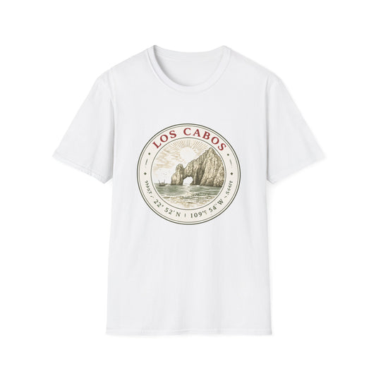 Los Cabos Arch Vintage Graphic T-Shirt — Beach Souvenir Tee with Coordinates - Creations by Chris and Carlos