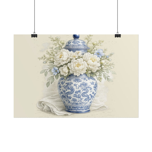 Rolled Poster — Blue & White Porcelain Vase Floral Print - Creations by Chris and Carlos