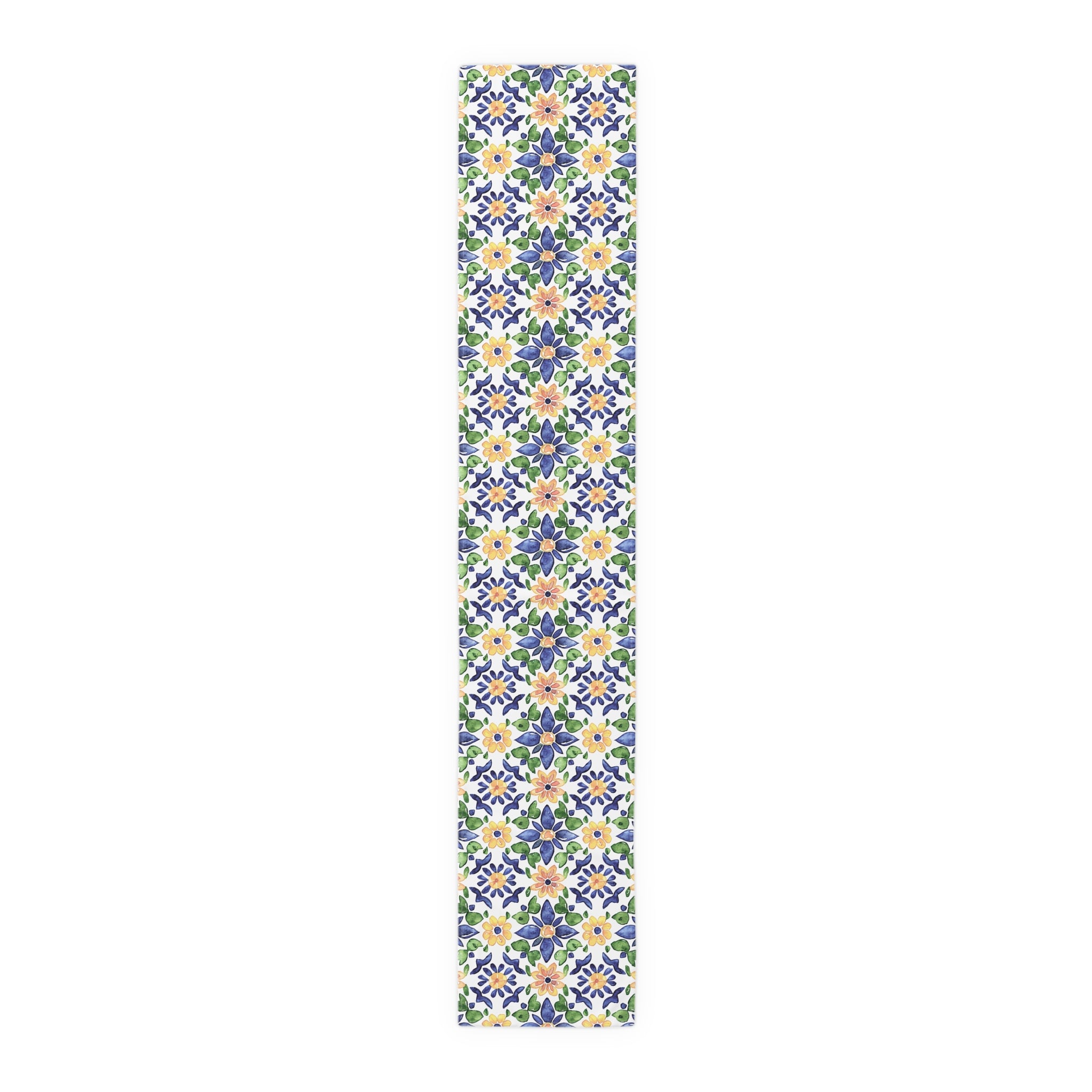 Sol y Alegría (Sun and Joy) Collection- Cactus Succulent Pattern Microfiber Blanket Soft Velveteen Throw for Home & Garden Lovers Floral Tile Table Runner — Blue & Yellow Mediterranean Pattern - Creations by Chris and Carlos